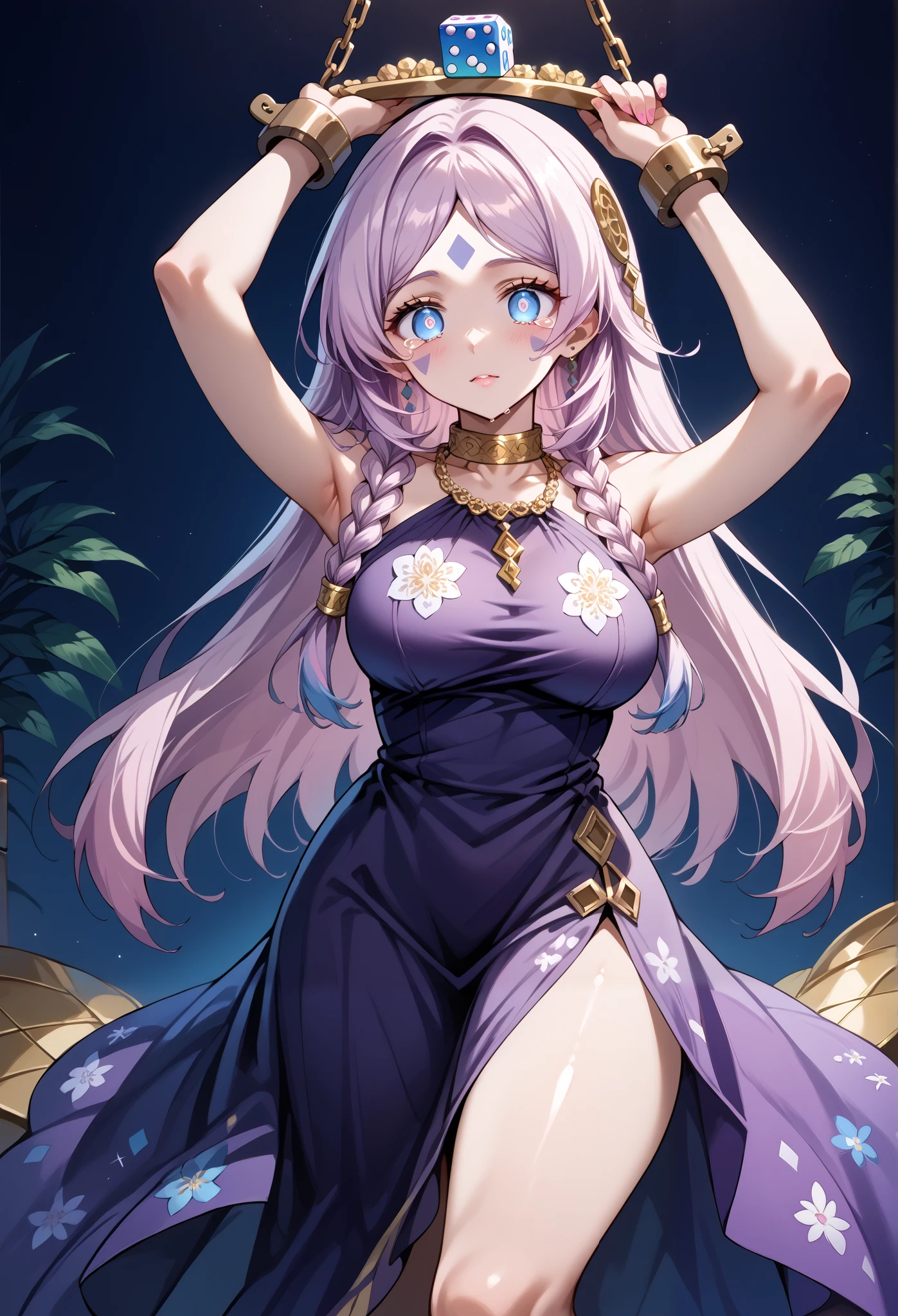 score_9, score_8_up, score_7_up, source_anime, 4K,perfect fingers,(perfect hands, perfect anatomy),prefect lighting, very aesthetic, intricate details,highly detailed background, masterpiece, high quality, best quality,
citlali, blue eyes, bright pupils, facial mark, long hair, multicolored hair, pink hair, purple hair, hair intakes, braid, twin braids, parted bangs, hair ornament,Large Breast
wearing ((purple dress with a gold-colored trim on the neckline, dress a halter-style neckline with a sheer, black-and-gold patterned overlay, gold-colored choker and a pearl necklace are visible, dress's design includes a floral pattern in gold and a slightly embellished collar and bodice, )),,
empty eyes , Walking, ,  bare-skin, the groin,((white plain background)), blank look, solo, crying, ((chain:1.1)), arms up ,((shackles:1.2)),