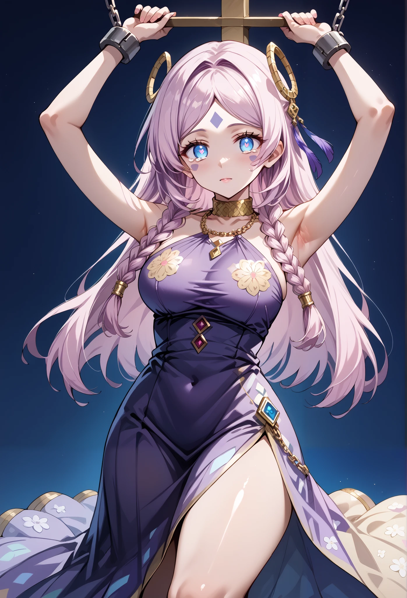 score_9, score_8_up, score_7_up, source_anime, 4K,perfect fingers,(perfect hands, perfect anatomy),prefect lighting, very aesthetic, intricate details,highly detailed background, masterpiece, high quality, best quality,
citlali, blue eyes, bright pupils, facial mark, long hair, multicolored hair, pink hair, purple hair, hair intakes, braid, twin braids, parted bangs, hair ornament,Large Breast
wearing ((purple dress with a gold-colored trim on the neckline, dress a halter-style neckline with a sheer, black-and-gold patterned overlay, gold-colored choker and a pearl necklace are visible, dress's design includes a floral pattern in gold and a slightly embellished collar and bodice, )),,
empty eyes , Walking, ,  bare-skin, the groin,((white plain background)), blank look, solo, crying, ((chain:1.1)), arms up ,((shackles:1.2)),
