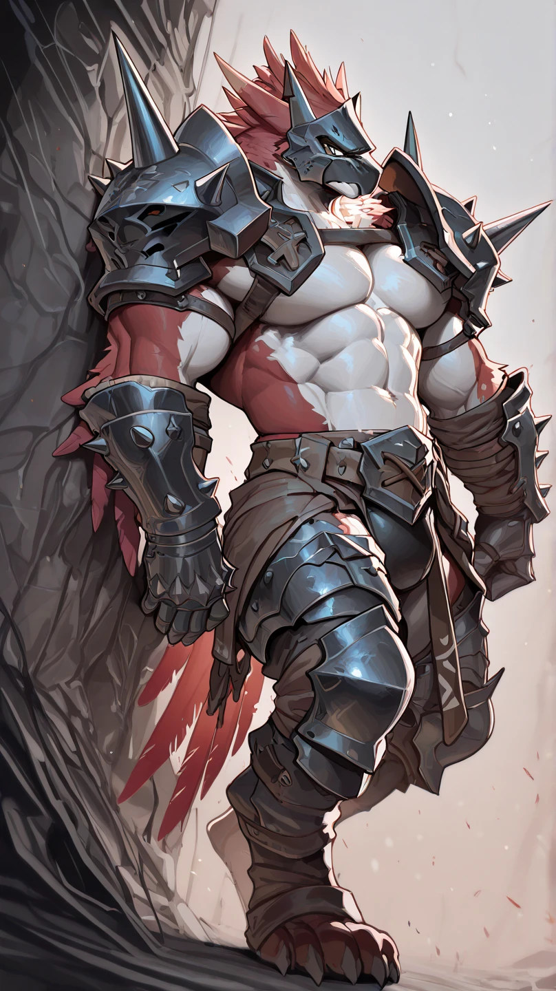 Solo Sexy young anthro scalie reptile dragon male mercenary medieval solider, tall and slim slimin hips muscular, anthro handsome gay shorter muzzle, handsome gay model male apperance, sword scars, worn out leather skimpy armament, low on hips heavy leather belt, old very worn out skimpy dirty linen material jockstrap, old yellow dirty worn out stains on white sawn jockstrap, very visible "x" brown seam pattern on the jockstrap, studded skimpy armlets breastplate armor, skimpy breastplate, leather bondages, fingerless leather gloves, blooded sword, blooded armor, blooded husk, smelly unwashed husk, dirty body look,