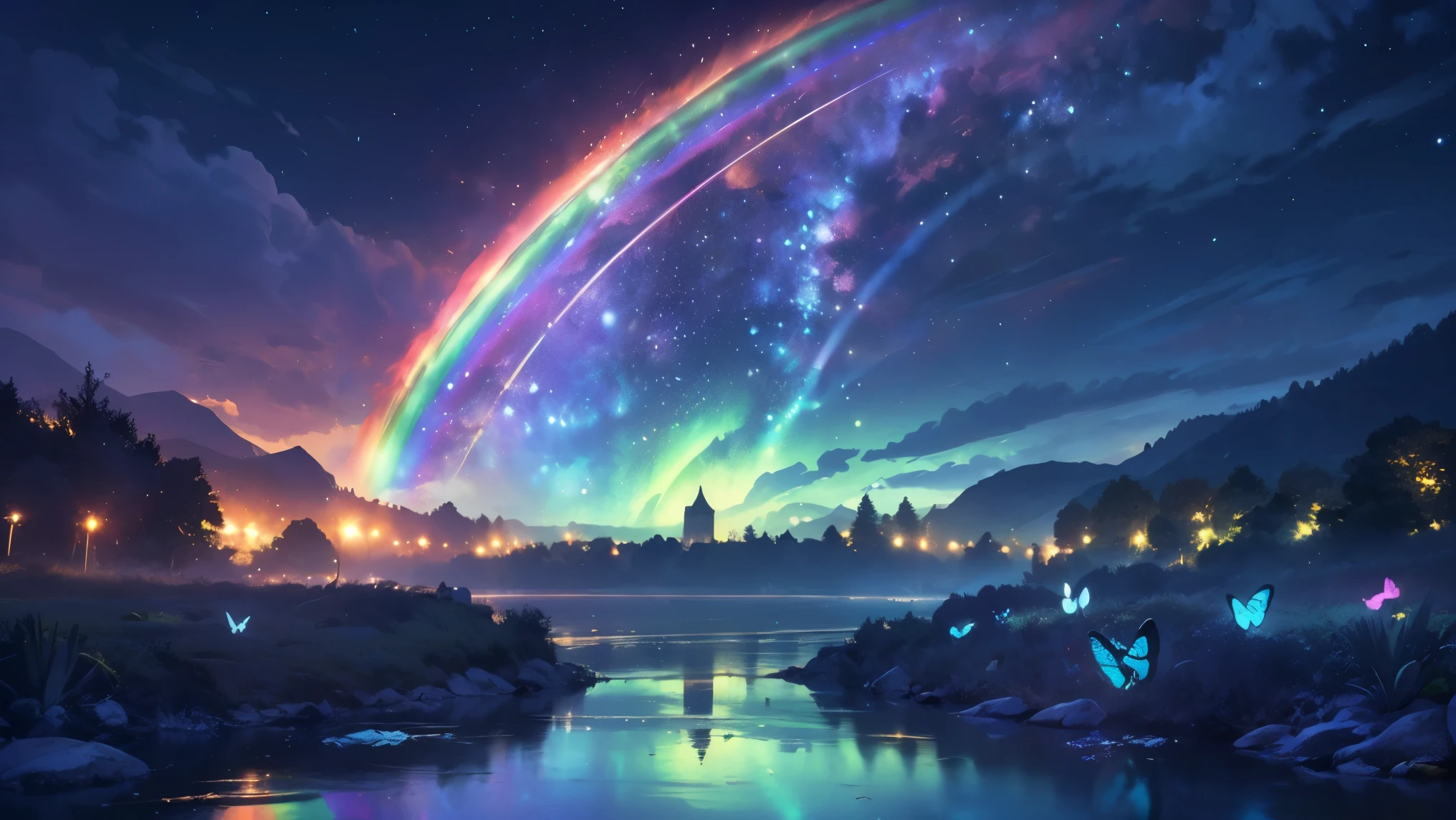 rainbow,超high image quality,high image quality,high quality DVD,Enchanted Mysterious Forest , (Lots of neon colored butterflies),Majestic Atmosphere, Pure blue water river fountain, Golden Mini Fairy, (((emits fluorescent blue, lots of succinants　Agave glows))), Extremely beautiful scenery , (Super Real), {Highly Detailed 8k CG Unit Wallpaper}, (Low Perspective Prioritizing the Overall Scene), (Wide々A view of the field ), (low angle shot),(lowlight), (Warm Light Source : 1.0), Intricate Details, (((Seven colors of the rainbow ))), (bright light that emits bubbles), (Atmosphere lighting), nature, Magically Beautiful Scenery, landscape,((Triple Overlapping Rainbows)),
