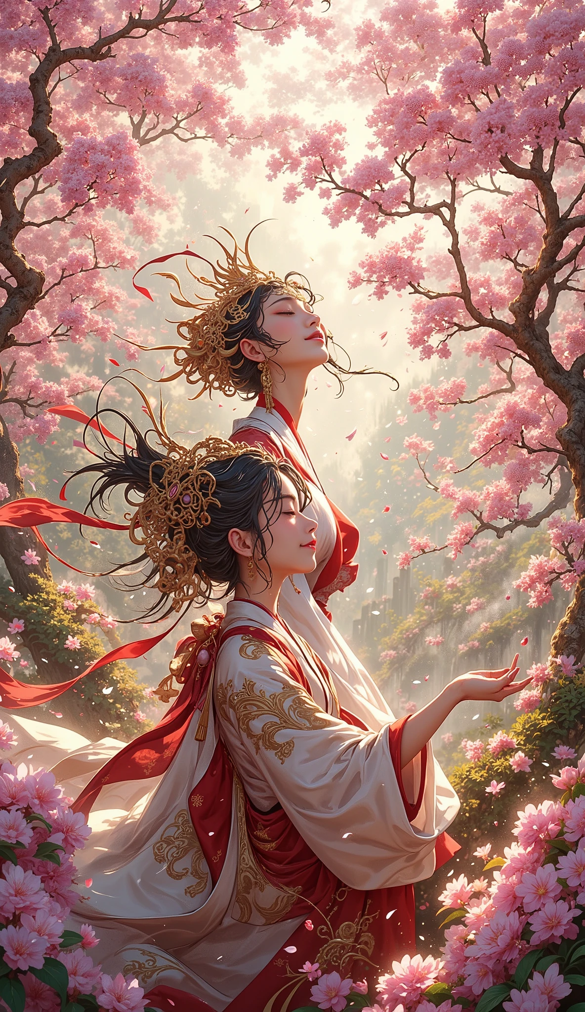 The beautiful goddess of cherry blossoms admires cherry blossoms in the spring garden, smiles, raises her head in delight towards the rays of the morning sun, petals fall on her face, she is surrounded by branches of cherry blossoms, a whirlwind of flying petals, an intricate headdress with flowers, spectacular lighting, high angle, fine details, graceful floating pose,traditional oriental style A feeling of lightness and awe , painting, a masterpiece.