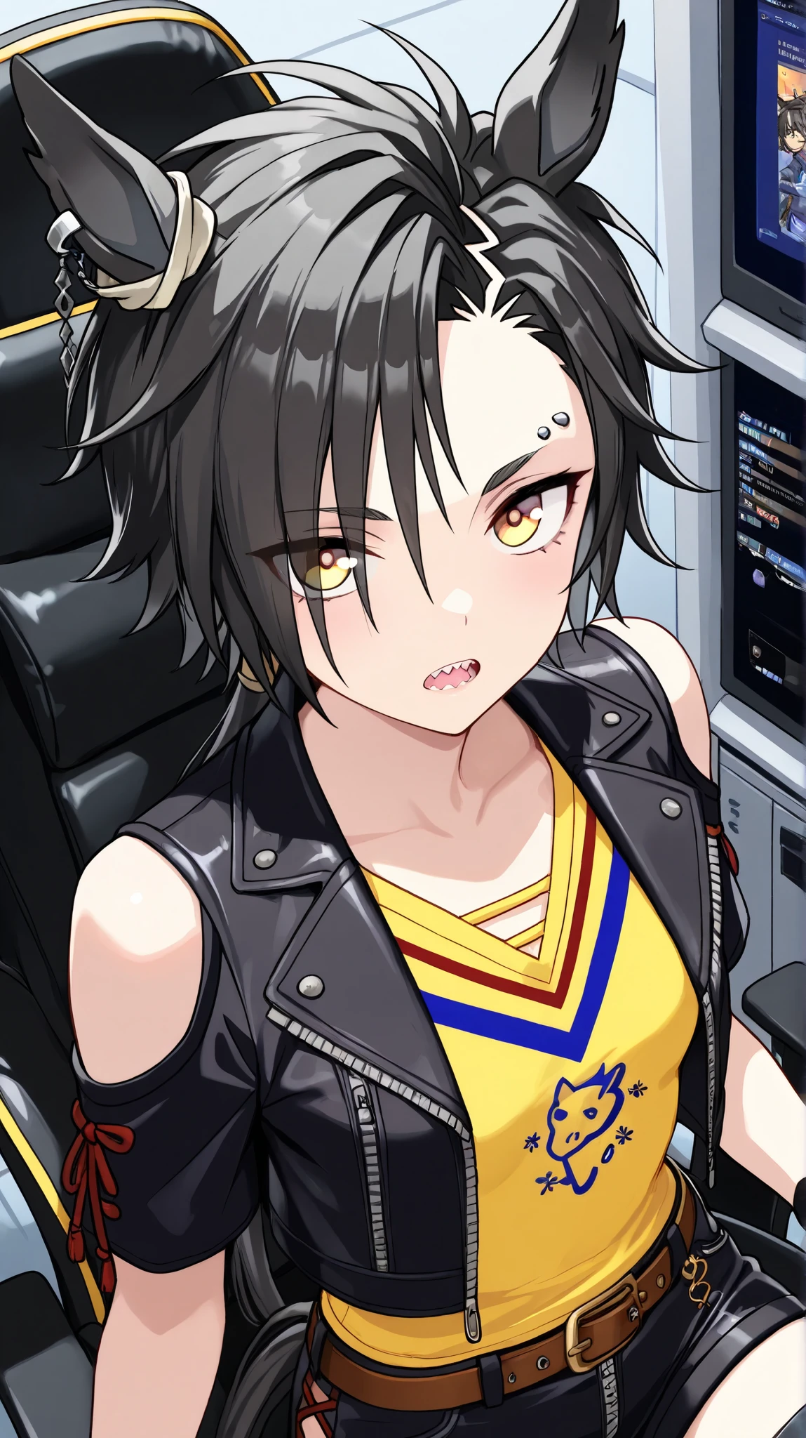 air shakur,umamusume
High quality , best quality , masterpiece, High Resolution , detailed face( LoRA: air shakurdef),anatomically correct, detailed hair(LoRA: air shakurdef) ,detailed bangs(LoRA: air shakurdef),anime
coloring
solo, 1 girl, Adult woman, cool woman
horse tail, sharp teeth, asymmetrical bangs, horse ears, ear ornament, yellow eyes,
black jacket, cropped jacket, shoulder cutout, open jacket, short sleeves, yellow color V-neck shirt(yellow shirt), clothing cutout, black shorts, short shorts, belt, thigh strap, eyebrow piercing, ear piercing, wristband, Small breasts,slender
close up , looking at viewer ,from above,upper body
Server room, gaming chair, personal computer
open mouth, Expressionless