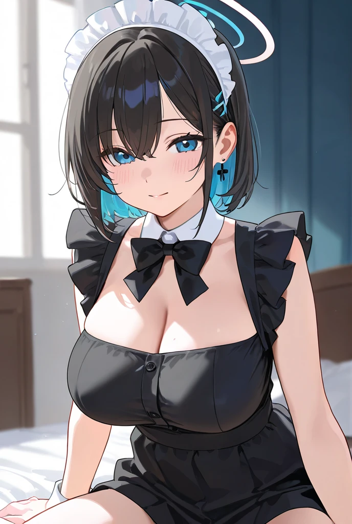 on lap,((((upright)))), ((((stand up)))), looking at the viewer, simple background、white background, 1 girl, open your mouth, smile, Virtual YouTuber、with a girl、((highest quality, expensive_solve, clear_image)),(black hair), (black cat ears), (Ahoge), (ridiculously short hair), (wavy hair), (blue eyes),、laughter、very big breasts、((concept art))、((front))、dressed in loungewear、cleavage visible、whole body、