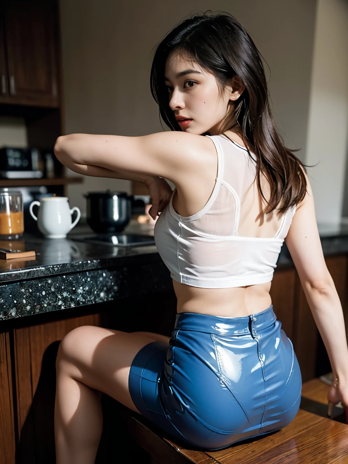 Highly detailed CG Unity 8k wallpaper, top quality, super detailed, masterpiece, realistic, photo realistic, very detailed cute girl, 25 years old, blush, parted lips, (suit), ()), (light blue panties visible), back view, (look back), half body shot, sweater, , angle from below, sitting, kitchen