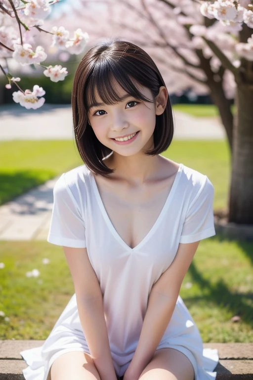 Highest quality、masterpiece、8K、Very detailed、Realistic、(Young face:1.2)、(Looks like an elementary school ???:1.2)、1 person、Looking at me with a smile、whole body、(Big Breasts)、Thin and beautiful legs、Tight and slim waist、Tight sleeveless shirt、Micro Skirt、Short Hair、Erect nipples