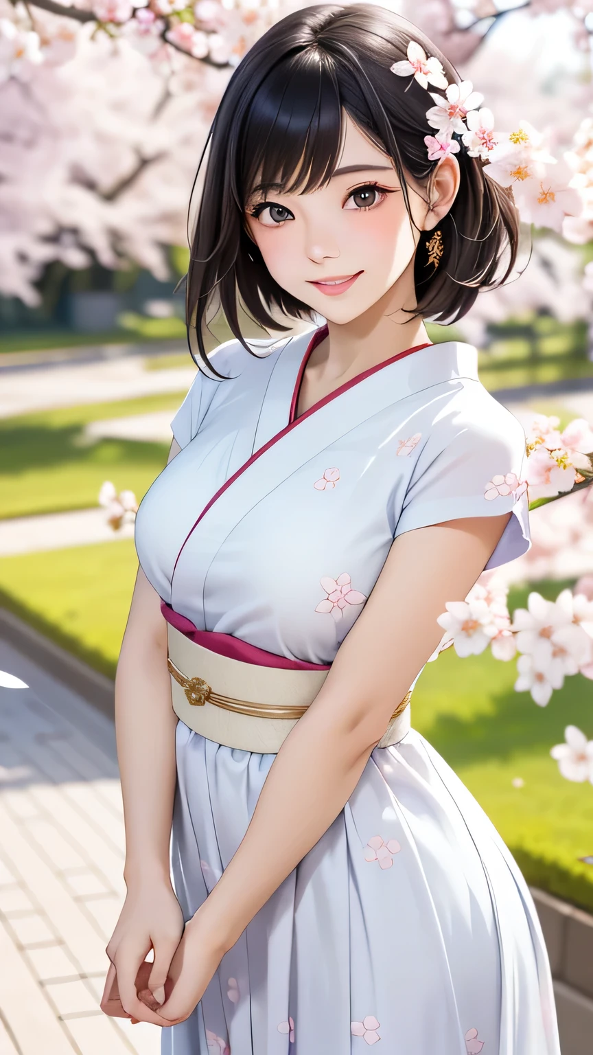 realistic, 1 japanese girl, black hair, looking at viewer:1.1, eyes is gazng to viewer:1.1, cherry blossom, furisode like chiffon dress, embroidery inspired by cherry blossoms, beaming smile, eyes shimmering with happiness, both arms reaching out to touch the viewer, The cherry trees are in full bloom, petals dance in the wind, (extremely detailed, high resolution, absurdres,4K)