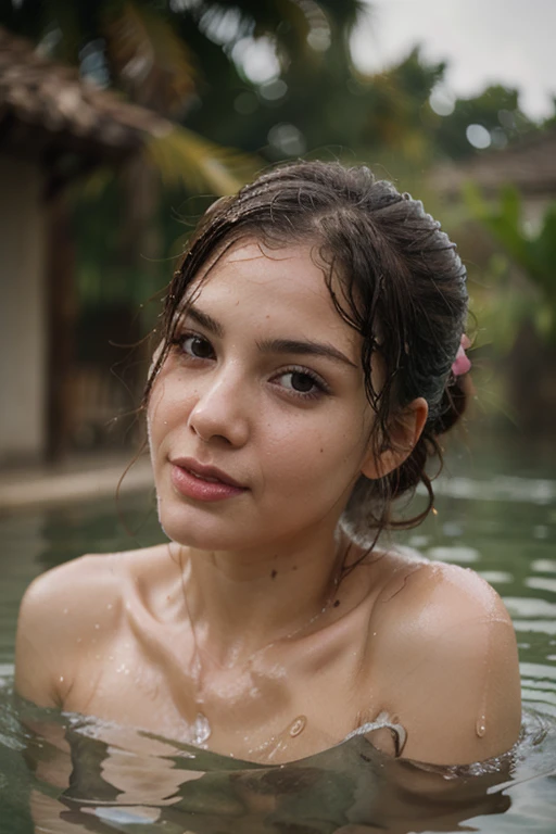 girl portrait, pencil, watercolor, Natural landscape background、hot spring、open-air bath、Gabriele Delrotte、transparent silk、(High resolution:1.2),fine eyes,detailed lips,natural elegance、confidence、unique personality、naturalbody、Simple yet elegant makeup、Classic fashion、relaxed attitude、Upper body、It's raining heavily、It's wet、a woman posing with a grey top wet, in the style of matte photo, bloomcore, intense gaze, hispanicore, french countryside, rtx on, candid celebrity shots