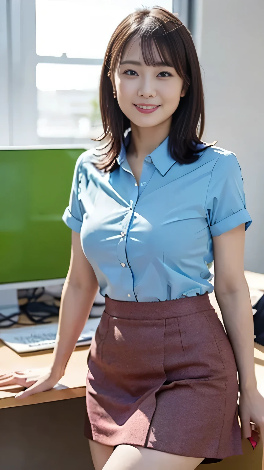 Best Quality, masterpiece, Beautiful Japanese Women, ((30's, Office compatible, tight short skirt))), (((39 years old))), ((Inside the office)), Big Breasts