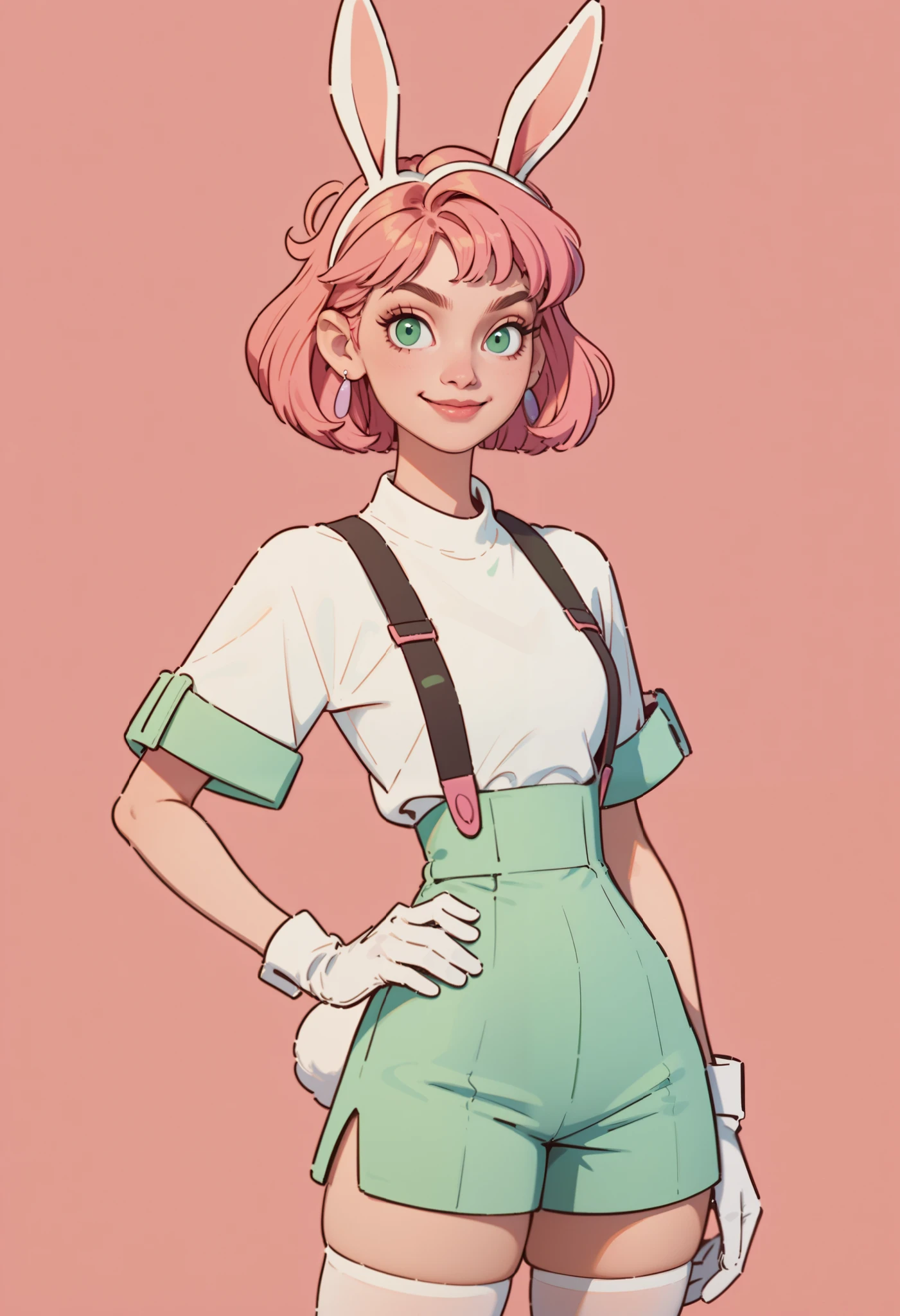 th3t4styl3, p1p1_v1 , 1girl, animal ears, solo, rabbit ears, gloves, pink hair, earrings, jewelry, shorts, white gloves, pink background, tail, rabbit tail, thighhighs, hand on own hip, suspenders, simple background, looking at viewer, high-waist shorts, shirt, green eyes, smile, short hair, white shirt, short sleeves, breasts, cowboy shot, white thighhighs, rabbit girl, lips, hand up