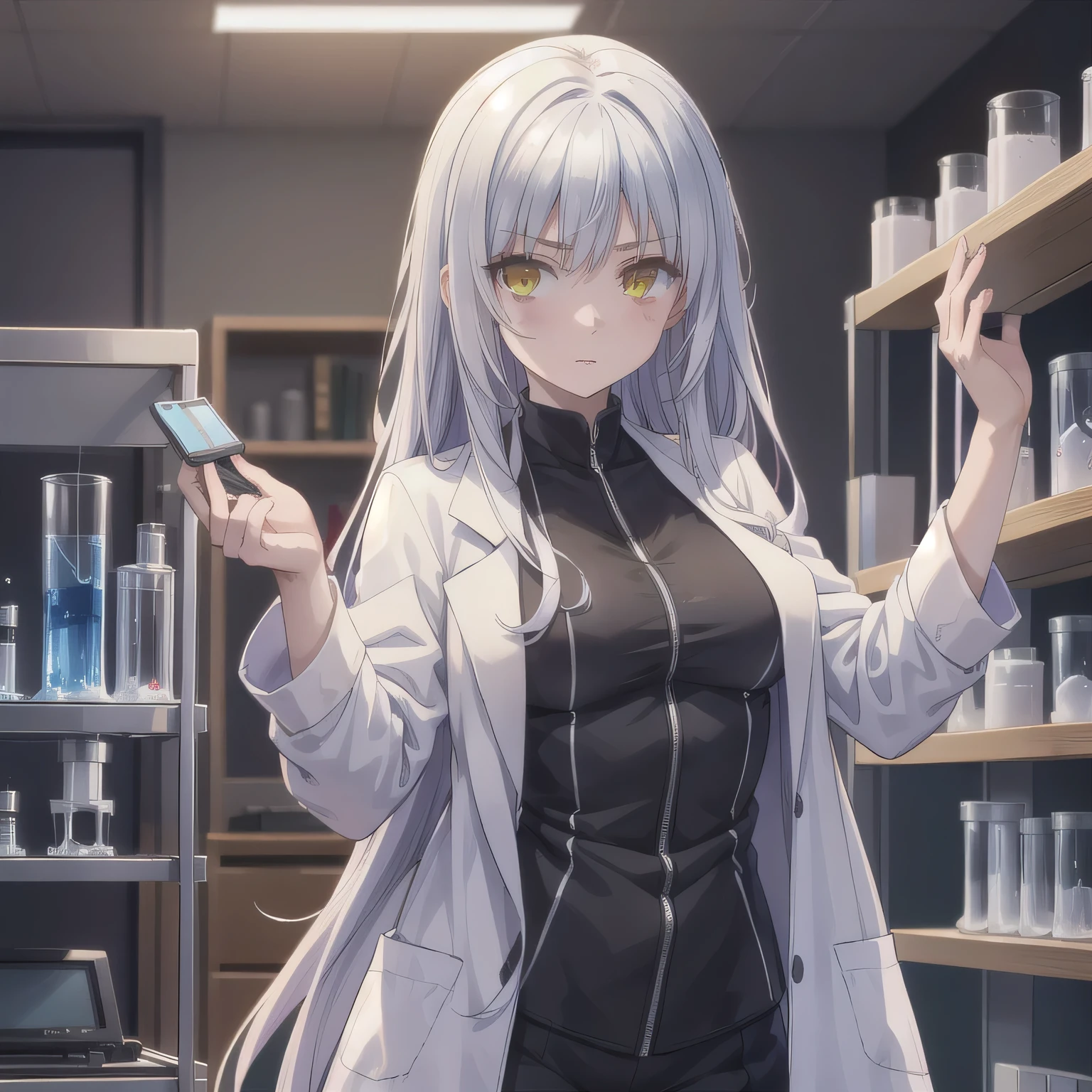 Depict a 20-year-old, stunningly beautiful woman conducting an experiment in a well-equipped science lab. She wears a pristine white lab coat over professional attire, her expression focused as she carefully handles scientific instruments. Whether her hair is long and neatly tied back or short and styled, she maintains a meticulous appearance suited for the lab environment. The background features shelves filled with scientific equipment, adding to the immersive atmosphere of the setting. White hair, long hair, yellow eyes.