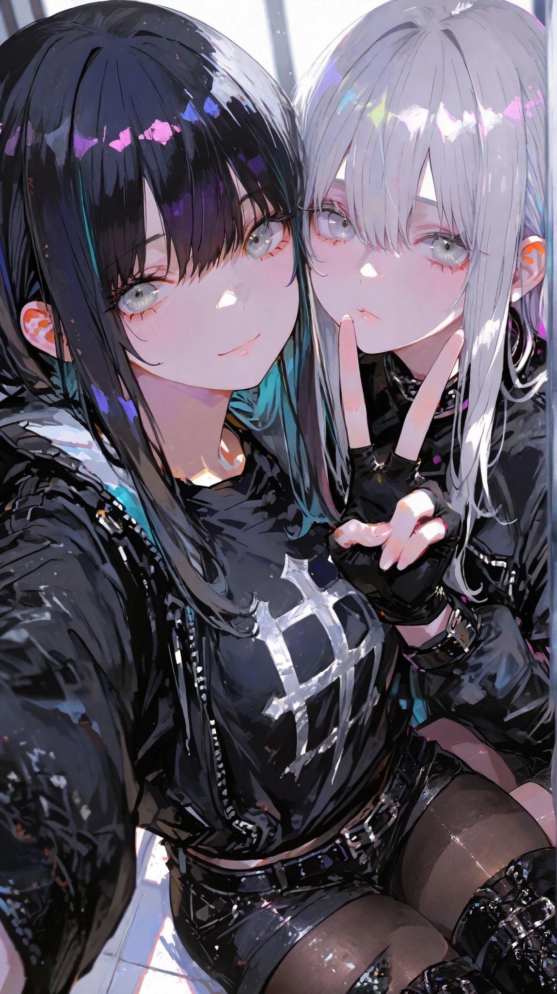 2girls,(BRAKE the first girl: bob hair, silver hair,silver eyes),(BRAKE the second girl: long hair,black hair,silver eyes),(EyesHD:1.2), masterpiece, best quality, ultra-detailed, very aesthetic, sharp focus, depth of field, vibrant colors, ray tracing, best lighting, detailed illustration, detailed background, cinematic,look at viewer, from above, ,black shirt, jacket, shirt, long sleeves,  belt, black skirt, black jacket, black thigh boots,(black tights), gloves ,fingerless gloves, black shorts, black belt,peace,selfie,
