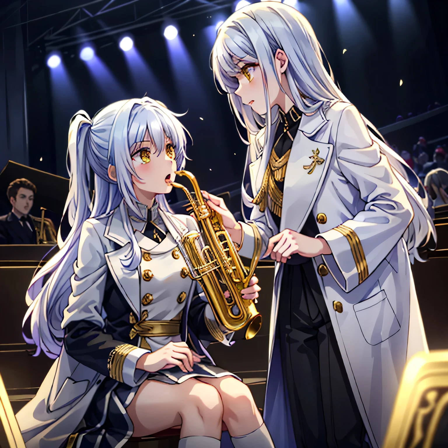 Depict a 20-year-old, dazzlingly beautiful woman playing a brass instrument in a grand concert hall. She wears an elegant yet practical band uniform, designed with intricate gold embroidery. Her posture is poised, fingers positioned with precision, her eyes focused as she plays passionately. The warm stage lighting highlights the shine of her instrument, creating a visually striking contrast between her and the surrounding orchestra. White hair, long hair, yellow eyes.