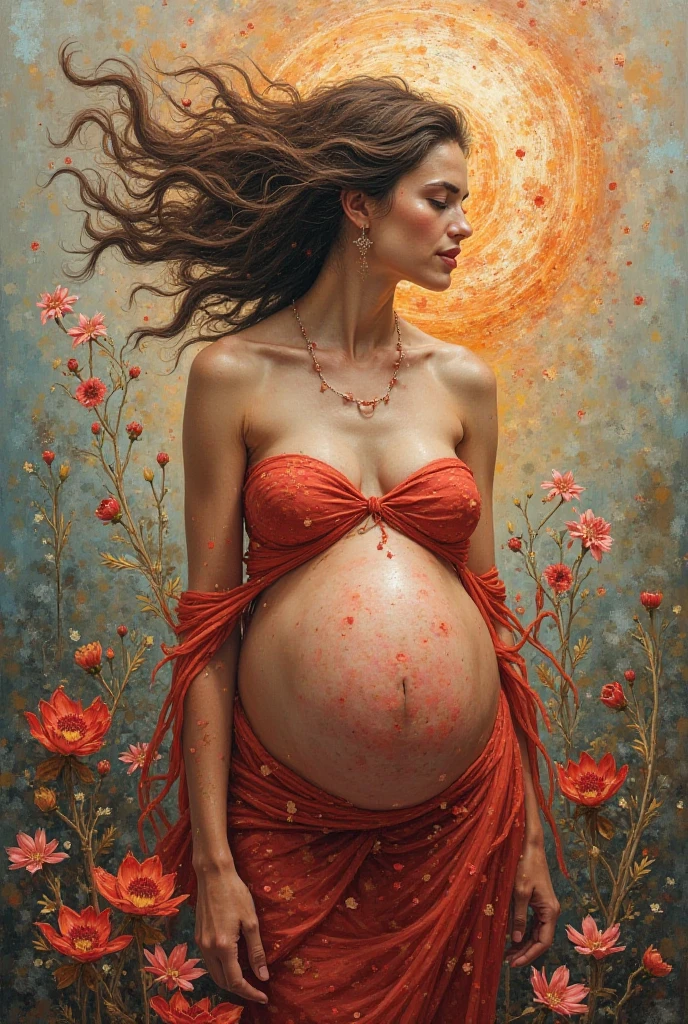 Très joli visage d’une femme au cheveux de fleure enceinte de 9 mois prise dans un vitrail, 4k, beaucoup, couleur vif, le pied de la femme nue dans un eau avec des nenufar, et le foeutus au vventre de sa mere est vue comme un ombre illuminer par un flash rouge