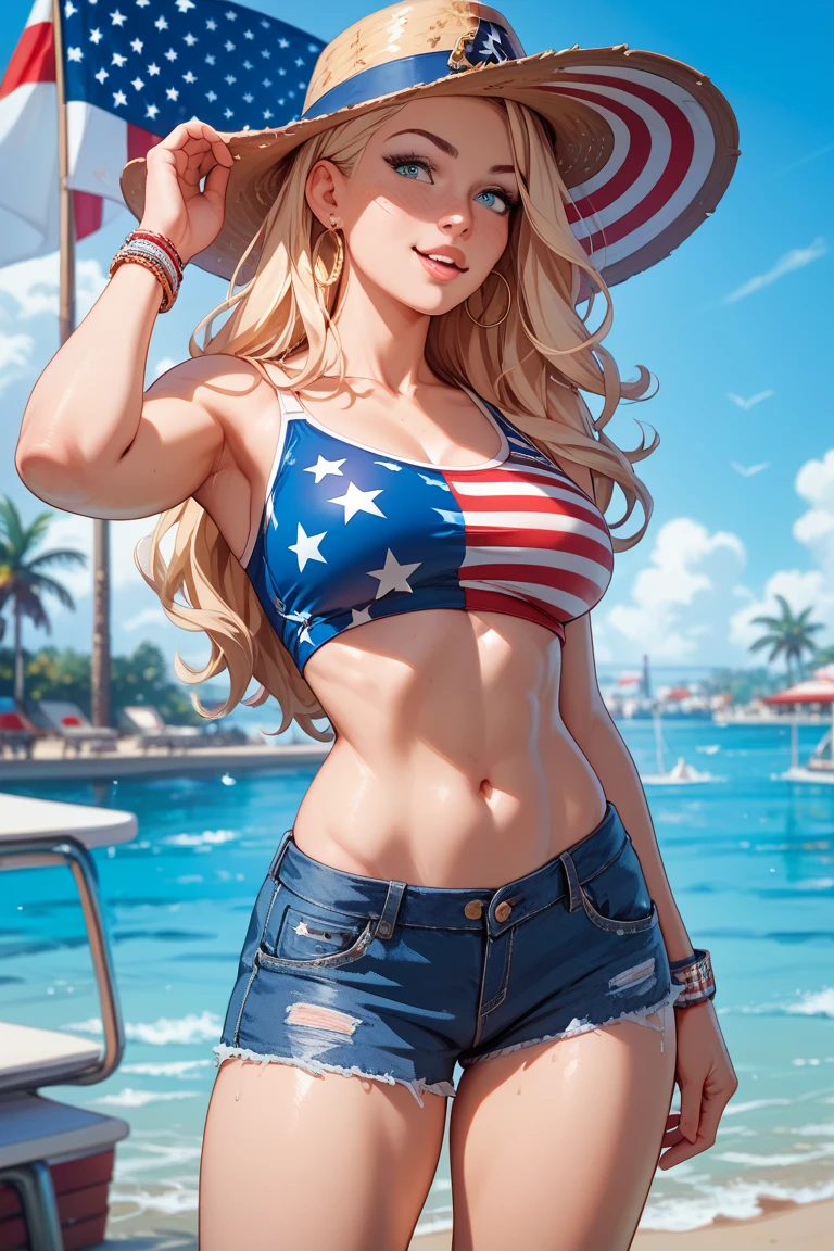 1girl ,3d ,american flag ,american flag bikini ,ass ,bikini ,blonde hair ,blue eyes ,breasts ,eyeshadow ,flag print ,large breasts ,lipstick ,makeup ,nail polish ,navel ,pubic tattoo ,queen of spades symbol ,solo ,spade tattoo ,swimsuit ,tattoo ,thighs ,twintails