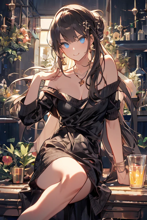(looking side:1.5), masterpiece、top-quality、 40 year old woman with green eyes、She wears a black off-the-shoulder blouse、(smile:1.3)、sitting on、The background is a restaurant、sitting on、Bold composition、Upper body is shown、Alone、
