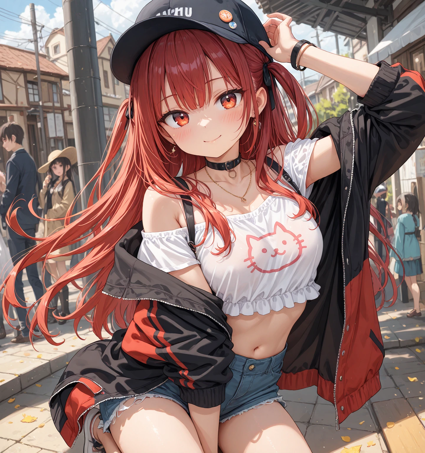 Shana,灼眼のShana,Long Hair, Red Hair,Bright red eyes, Small breasts,smile,blush,Open your mouth,Applejack Hat,Tank top shirt,Red hoodie,Short sleeve,Shorts,Black knee socks,Locket Necklace,short boots,Looking down from above,whole bodyがイラストに入るように,morning,morning陽,The sun is rising,
break looking at viewer, whole body,
break outdoors, City Street,construction area,
break (masterpiece:1.2), highest quality, High resolution, unity 8k wallpaper, (shape:0.8), (Beautiful and beautiful eyes:1.6), Highly detailed face, Perfect lighting, Extremely detailed CG, (Perfect hands, Perfect Anatomy),