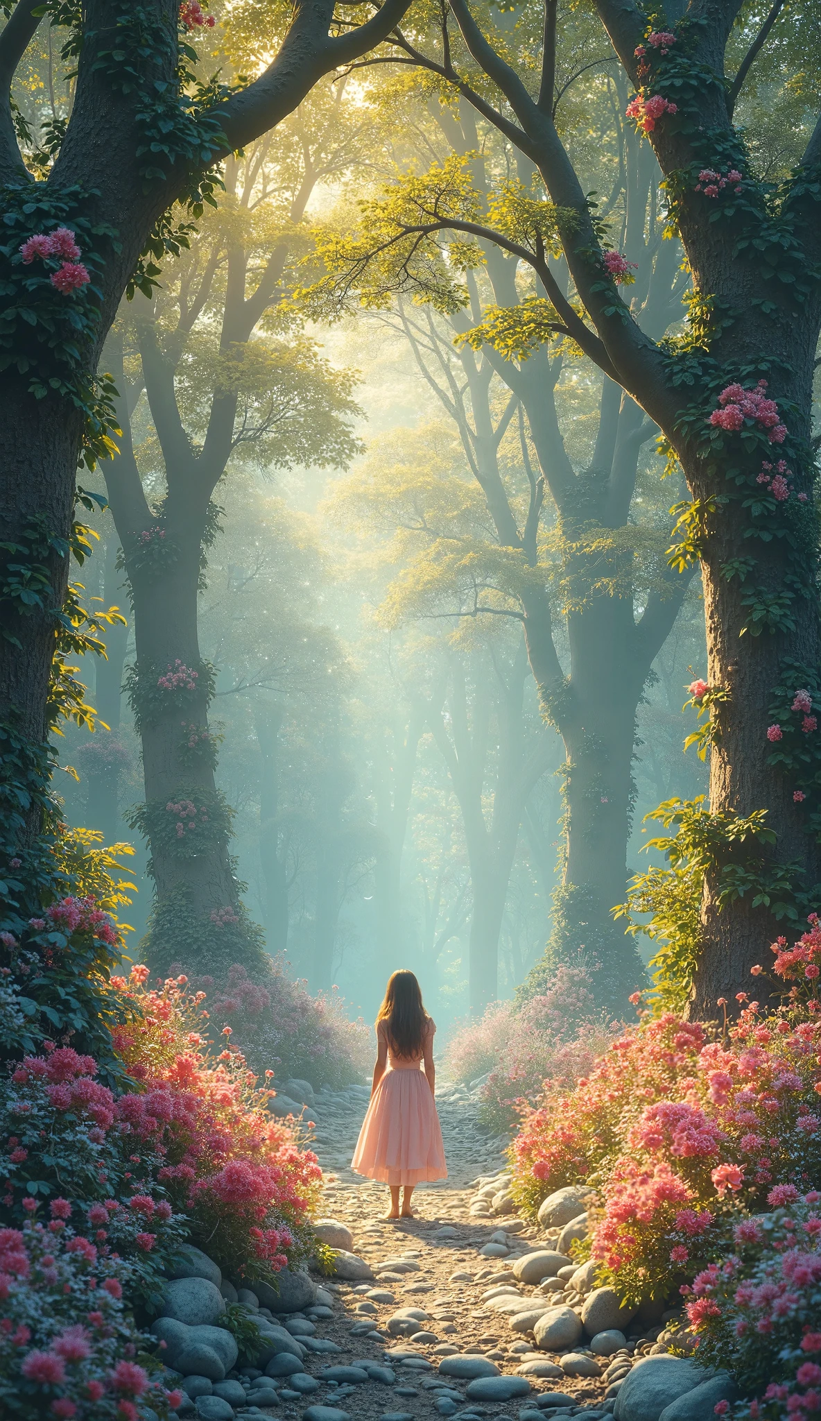 highdefinition images , tree々and seven-colored flowers、 A mysterious forest with magical beings hidden in the branches, 8k, High Quality Giant Forest , tree漏れ陽、 Forest believed to be home to fairies、 The soft morning sun shines through the snow。