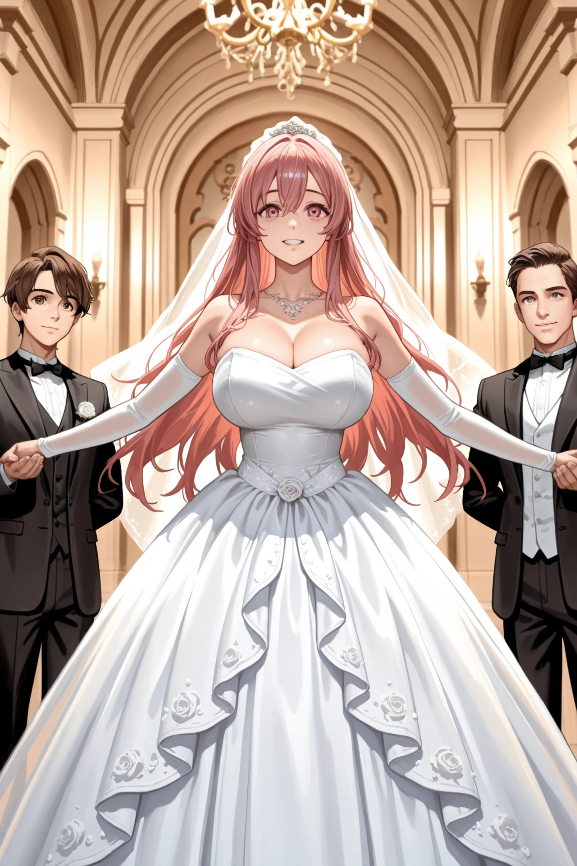 ((Highest quality)), ((masterpiece)), (detailed), (Perfect Face)、The woman is Princess Leona, with long light brown hair, and is wearing a lavishly jeweled, seductive black wedding dress and a black wedding veil, the epitome of an evil bride.、In a luxurious church wedding hall, a woman is getting married, embracing the arm of a dignified and powerful middle-aged evil emperor dressed in a luxurious black outfit.、The woman has long hair