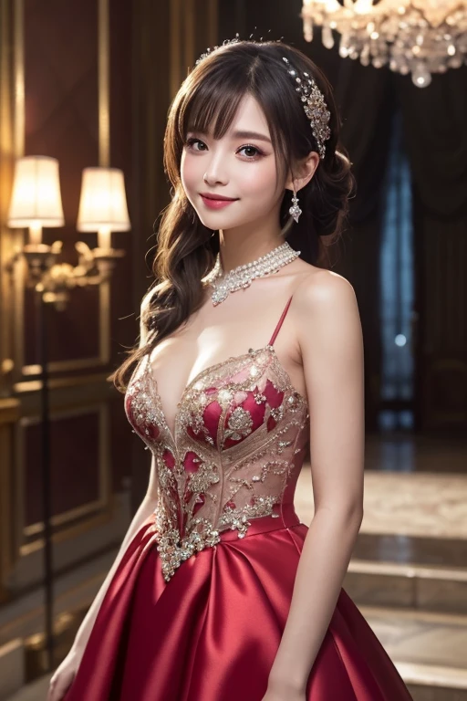 (((highest quality, masterpiece、ultra high resolution、the most complex and detailed depiction、Awards, 8K、bright and vivid)))、((1 Japanese prostitute princess、Ultimate luxury with everything you can imagine、The most gorgeous red and pink whore costume、Red and pink costume、The most detailed and luxurious luxury princess prostitution room、shine intricately,pink and red sparkle、beautiful brown hair、Front fixed、look at me with the best smile))、((the most luxurious prostitution room、top red and pink hooker costume、large amount of jewelry decoration,The largest giant tiara in the world,detailed jewelry,detailed decoration,Glitter Costume,shining jewel、Huge decoration,giant costume,Huge sleeves,artistic decoration,very detailed decoration,very intricate decoration)),(big and full breasts、get used to it、majestic, queen of courtesans, intricate details,realistic,, front close-up, Upright posture, perfect teeth、white teeth、finely描かれた顔、beautiful face、accurately drawn fingers、 professional photos, very delicate and beautiful, very detailed,finely))