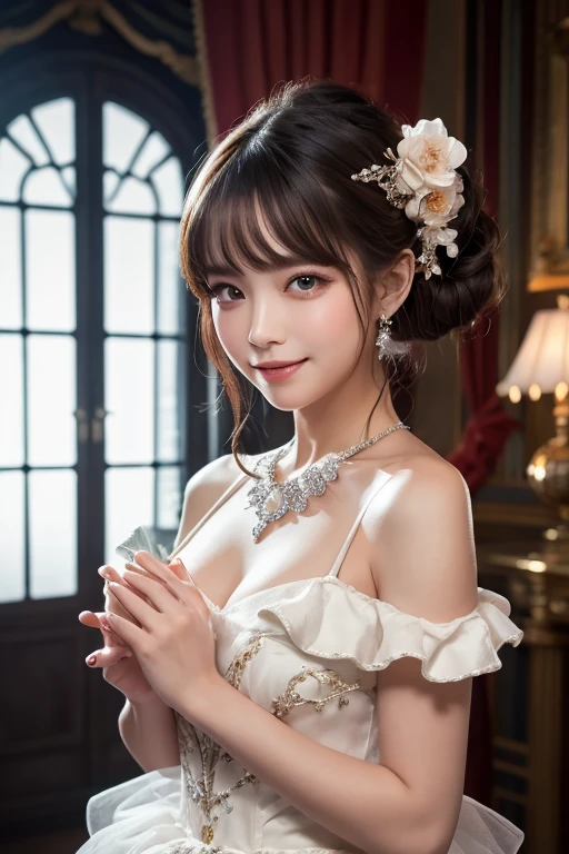Dramatic composition, Court-style dress, Royal, nice, カスケードFrills, Frills, bow, Crystal Chandelier, Roman Curly Hairstyles, to place, ponytail, Looking at the camera, bangs, Maximalism, Palace-like background, Delicate depiction of hair and eyes, Princess Dress, nice skirts, Flowers in hands, smile, Starry Eyes, Cinematic Light, Extremely detailed, High resolution, happy, diamond, broken diamond, Crystal Fragment, Particles of light,Cleavage