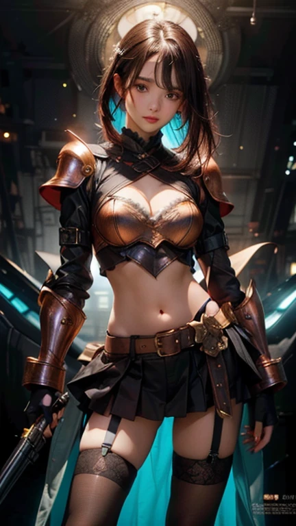 ((Best quality, 8k, RAW photo, Masterpiece :1.3)), (realistic、Photoreal:1.37)、Super detailed、super high resolution, (professional lighting), alone, 1 woman, solo, see the beholder, (30 years old), , beautiful and detailed face, happy smile, narrow, shining eyes, (slim waist :1.3), Fine and beautiful skin, skin texture, professional lighting, as a whole human body,(Combination of cyberpunk and fantasy style),(female soldier),25 year old woman,Japanese、(short bob hair, brown hair),beautiful hair, brown eyes、small breasts,(red eye chest), accessories,gentle smile, elegant and attractive,serious,Calm,(Combining cyberpunk and fantasy style clothing,openwork design,joint armor),bare legs exposed, Raw skin exposed in cleavage, Battle uniform navel pose,photo pose,realistic style,blue world background,oc rendering reflection texture,View Camera, ((sky seen from below:1.2)),((looking down:1.2)),looking at viewer, look at viewer, lighting forward , lighting front,
