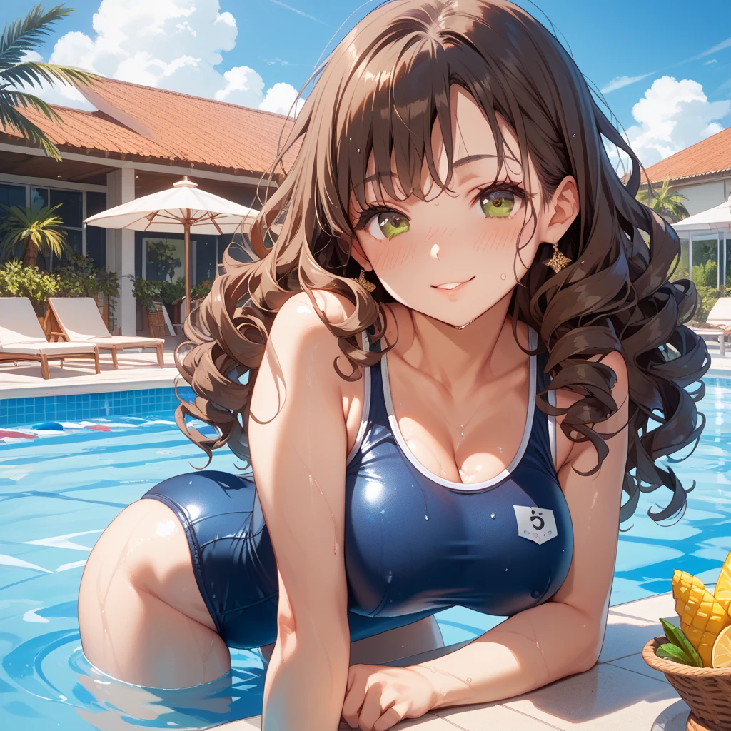 middle aged woman, long braided hair, expressive look, and with a sweet smile, She is in the pool on her terrace wearing a leopard swimsuit with her hair floating around her, swimming gently., waves arise around them due to their movements 