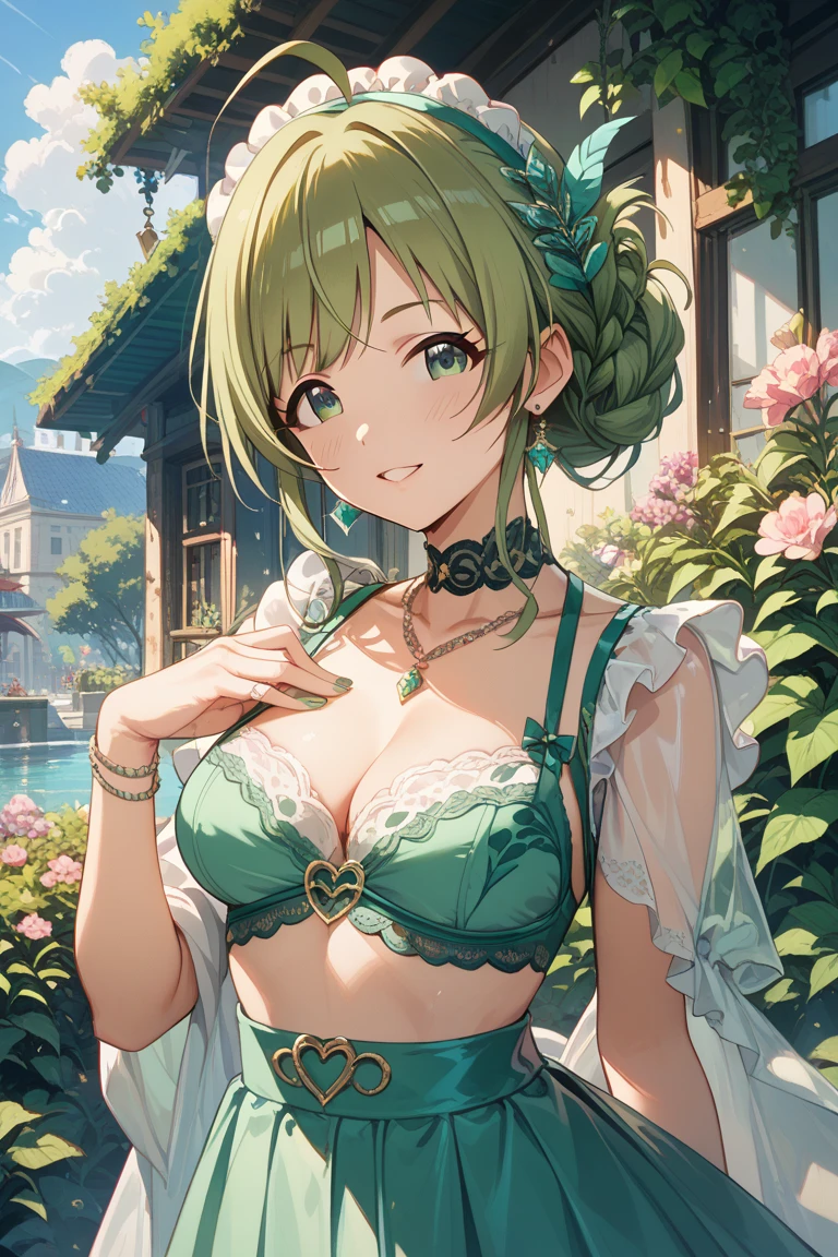 absurd, 8 TAUSEND, high resolution, Ultradetailliert, Nice, Meisterwerk, best quality, very pretty woman, jung, (green and white lingerie:1.6), sexy, blondes Haar, blaue Augen, (very big breasts:1.4), detailliertes Frauengesicht, Amelia Watson