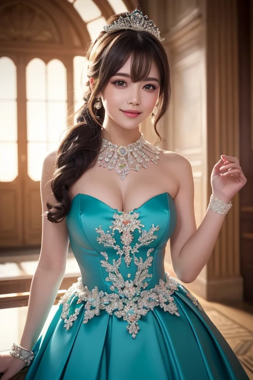 masterpiece, best quality, expressive eyes, perfect face, 1 girl, big eyes, looking at viewer, huge perky large breast, big breast, bigger breast, small waist, smooth skin, mouth half open, Best Quality, Realistic, portrait, perfect figure, highly detailed, with earrings, two legs, two arms, wearing earrings, big , princess clothes, wearing a tiara, in a castle, high ceiling room, blue and gold gown, showing cleavage, long dress, huge  and wide areola visible, nipples exposed, showing breasts, long brown wavy hair