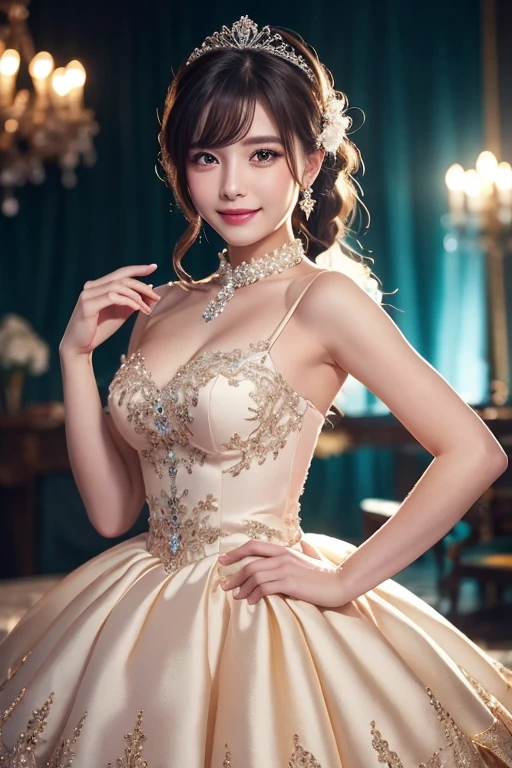cowboy shot, (masterpiece), (best quality:1.2), absurdres, photo, photorealistic,highly detailed, detailed face, solo cute girl, wedding princess dress, tiara, large breasts, short hair, necklace, smile, arms behind back, front view, white gloves
 <lora:weddingPrincessDress_v10:0.5>