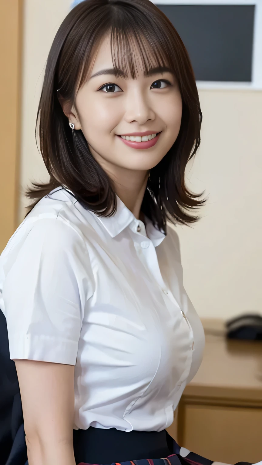 Best Quality, masterpiece, Beautiful Japanese Women, ((30's, Office compatible, no-collar shirt, tight short skirt))), (((39 years old))), ((Inside the office)), Big Breasts