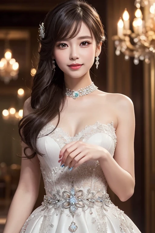 (A hyper-realistic), (illustratio), (hight resolution), (8K), (ighly detailed), (The best illustrations), (Beautiful detailed eyes), (top-quality), (ultra-detailliert), (​masterpiece), (wall-paper), (详细的脸), (beautiful smiling face)、(Beautiful expression)、Accurate promotions、(A dark-haired)、 Looking at the camera、Black eyes、Earrings with bangs、a necklace、 独奏、 princess dress、Wearing the cutest white wedding dress in the world,Sculpture model attracts, (1girl in:1.3)、photos realistic、Photorealsitic:1.4 Official art、ultra-detailliert、Beautiful and aesthetic、Beautiful fece、​masterpiece、top-quality、Colossal tits、(barechested)、the cutest wedding dress in the world、Beautiful skin、The cutest earrings in the world、Cute smile、At the cutest banquet venue in the world、The cutest gravure idol pose in the world、The most glamorous body in the world、(((Huge breasts!!!))) (((Colossal tits!!!!)))、((huge-breasted))、 (((Glamorous body)))、 (slightly chubby figure)、 gravure model、((R-18))、 ((NSFW))、((Full body subject))、((Provocate by sticking out your chest and emphasizing it))