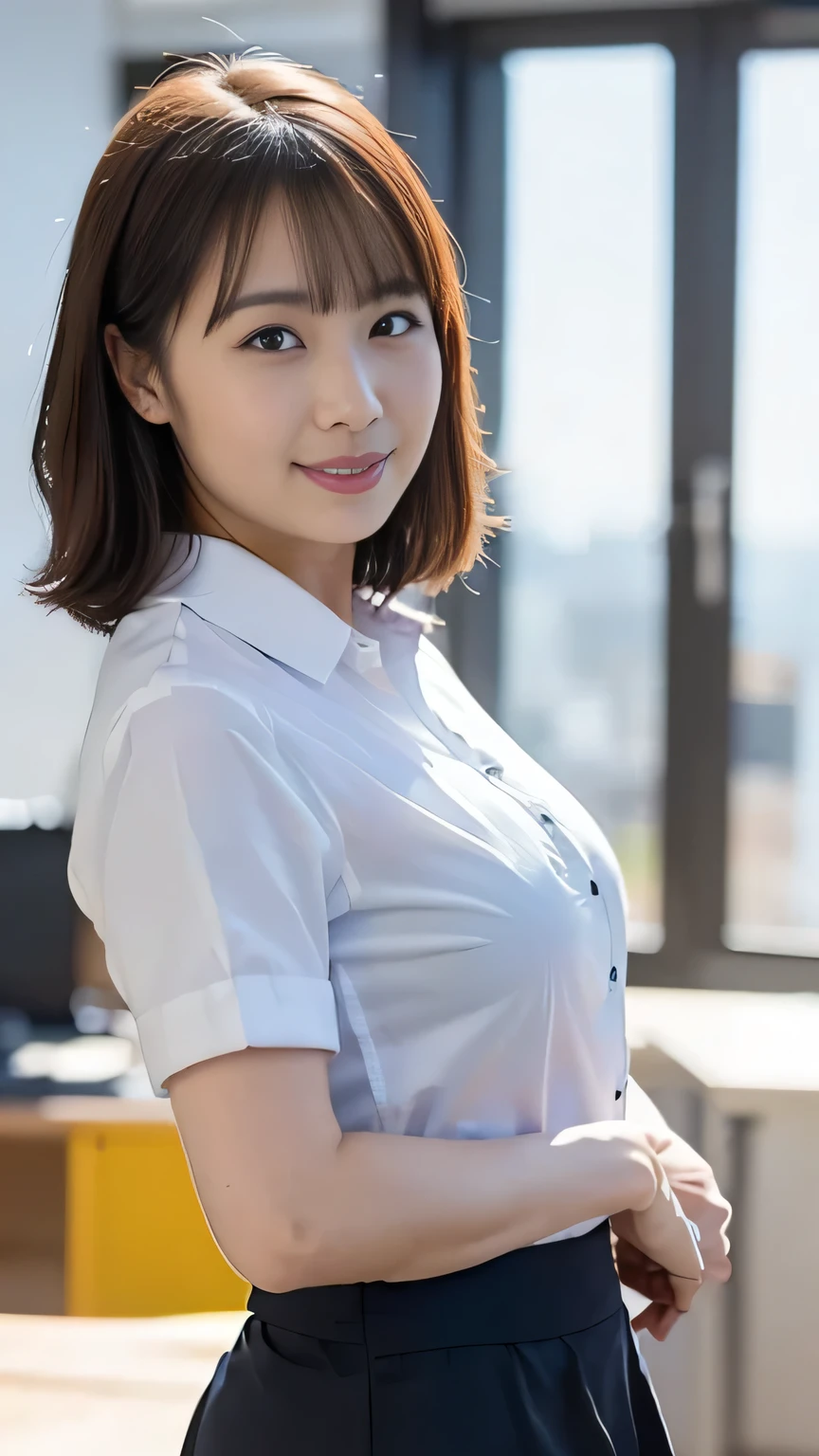 Best Quality, masterpiece, Beautiful Japanese Women, ((30's, Office compatible, no-collar shirt, tight short skirt))), (((39 years old))), ((Inside the office)), Big Breasts