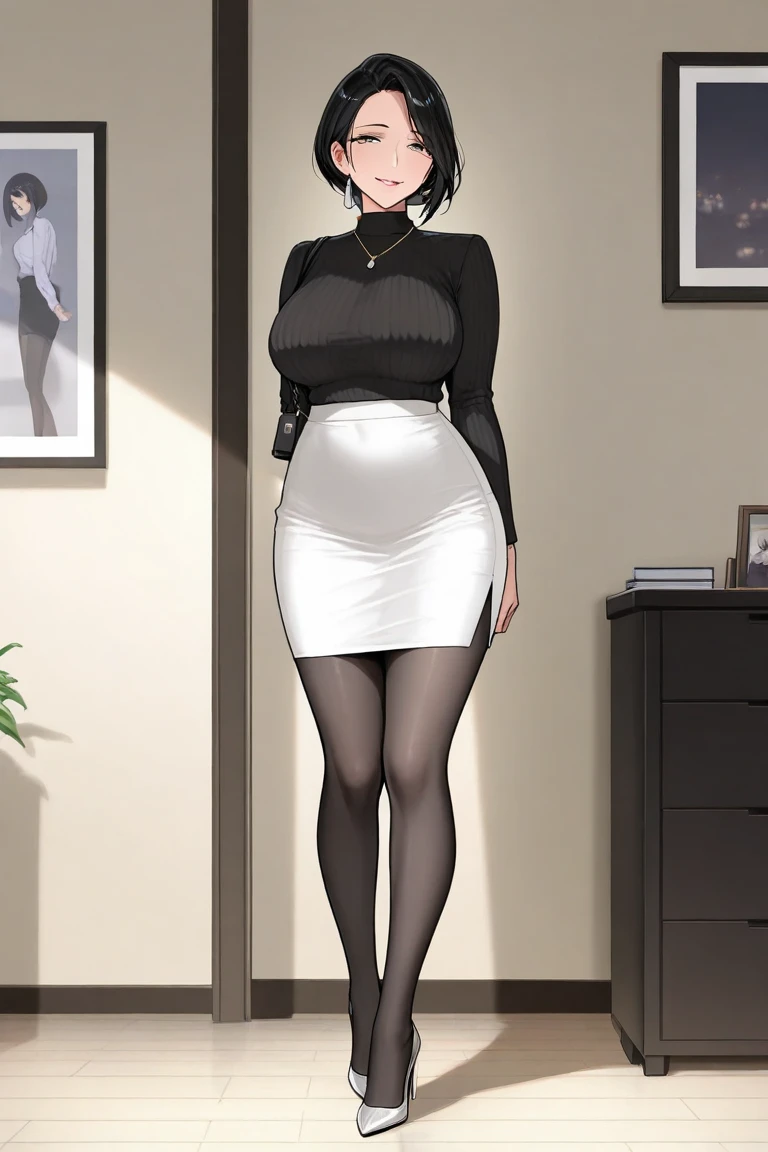 A young woman with shoulder length short black hair, grey eyes, medium sized breasts, medium sized hips. She is wearing a white dress shirt and black pants. She is looking at the viewer, and her easy expression is sensual. Full body. The setting is a luxurious place at night . Masterpiece, high quality.