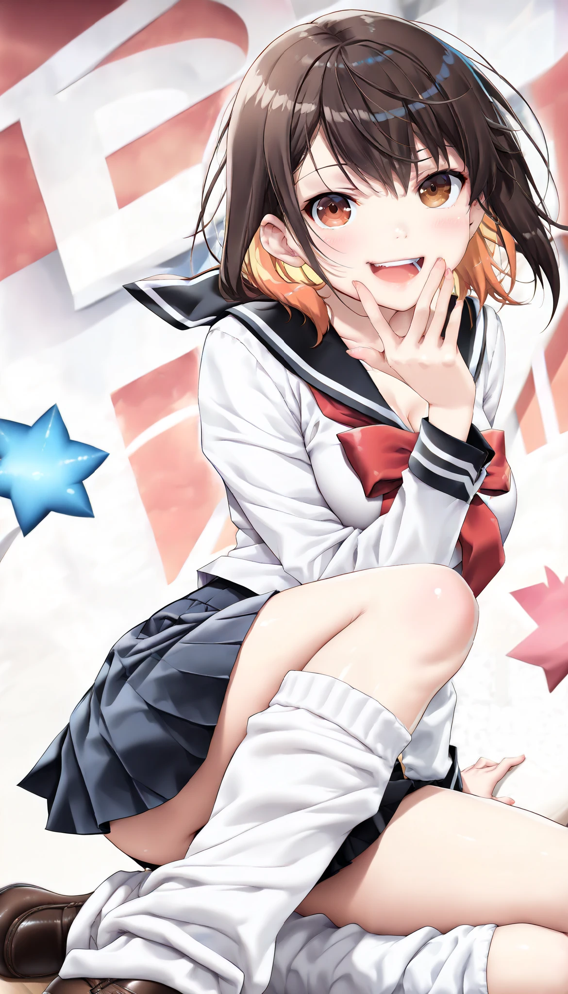 (Best Quality:1.2, 4K, 8k, Animation Studio , very well detailed, Latest, vibrant, High detail, high contrast, masterpiece:1.2, Best Quality, best aesthetics), (((1 girl))), Sit and pose, JK, sailor suit, pleated skirt, loose socks, loafers, please open your mouth slightly.:1.2, smile, dynamic angle, looks up:1.3, friendly atmosphere with attention to details, beautiful hair, Shiny Hair, beautiful skin on hands, detailed face and eyes, glossy lips, Curvy Women, wear intricate and delicate decorations with striking contrasts,