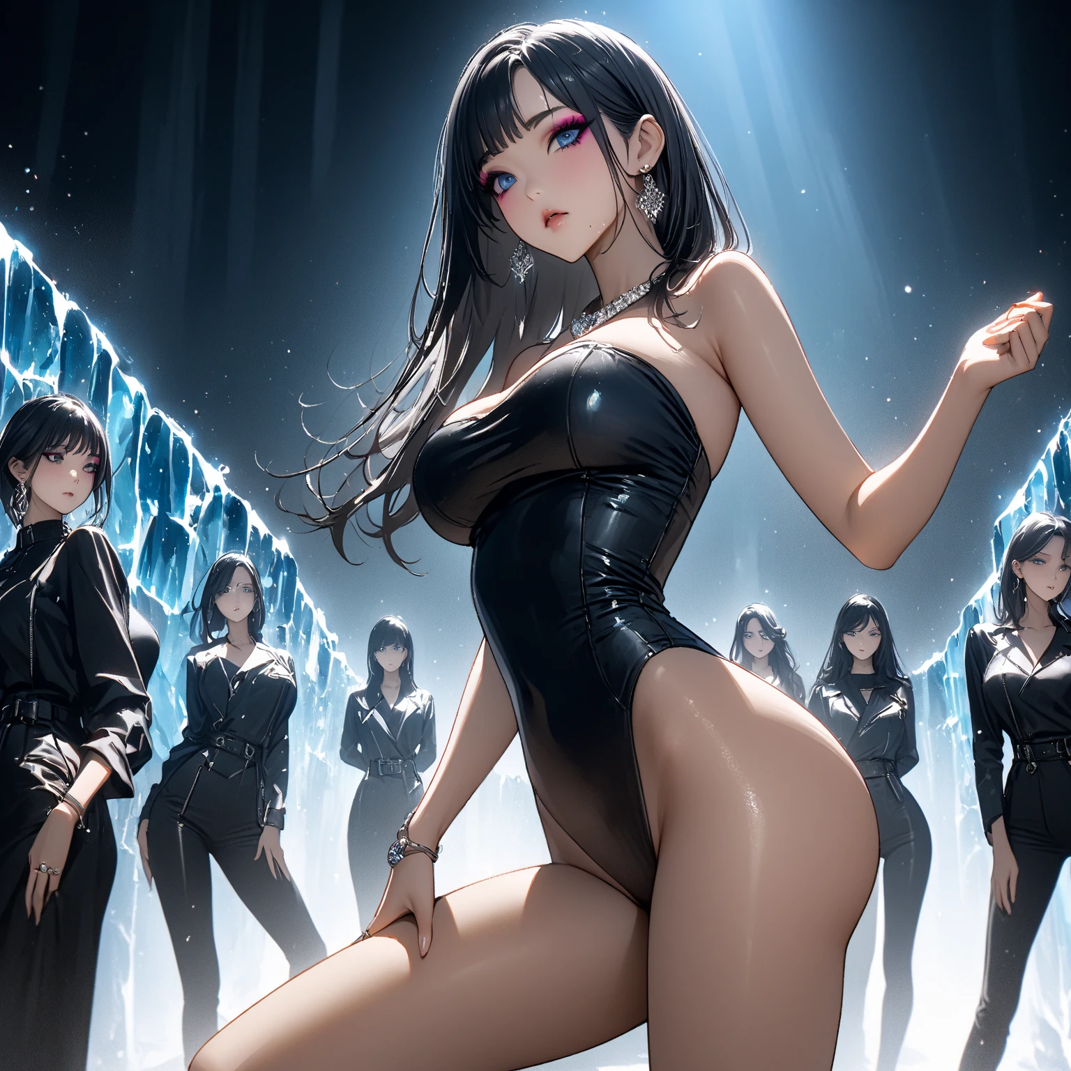 Korean girl group, all are hot girls, black masks, 8K resolution, strong figure, {{Huge_breast}}, straight chest, tall, long legs, thin and transparent tights, {{latex}}, {{glossy}}, {slim}, fair skin, {black_stockings}, the highest details, light curly hair, long bangs, openwork, side space, various tattoos all over the body, hair colors are different, singing and dancing on stage, sweating