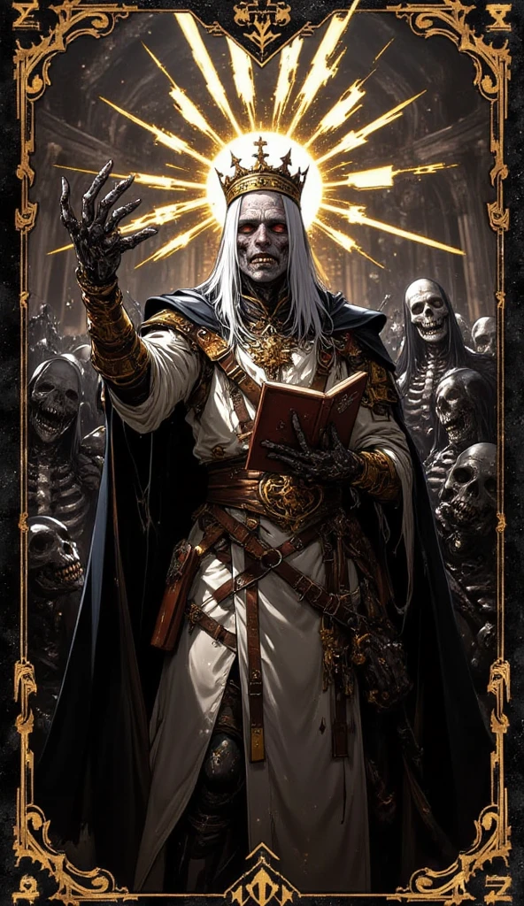 (masterpiece, best quality;1.3),(tarot card:1.2), 1guy, male focused, short white hair, white beard, old, mature and tall, sad expression, detailed face, hanged man in a suit tarot, bright halo, suit and tie, black suit, male_focus, symmetrical composition, long shadow, blood on hands, accurate five finger hands, bloody hands, blood, ultra detailed, 8k, high quality, hq, halo