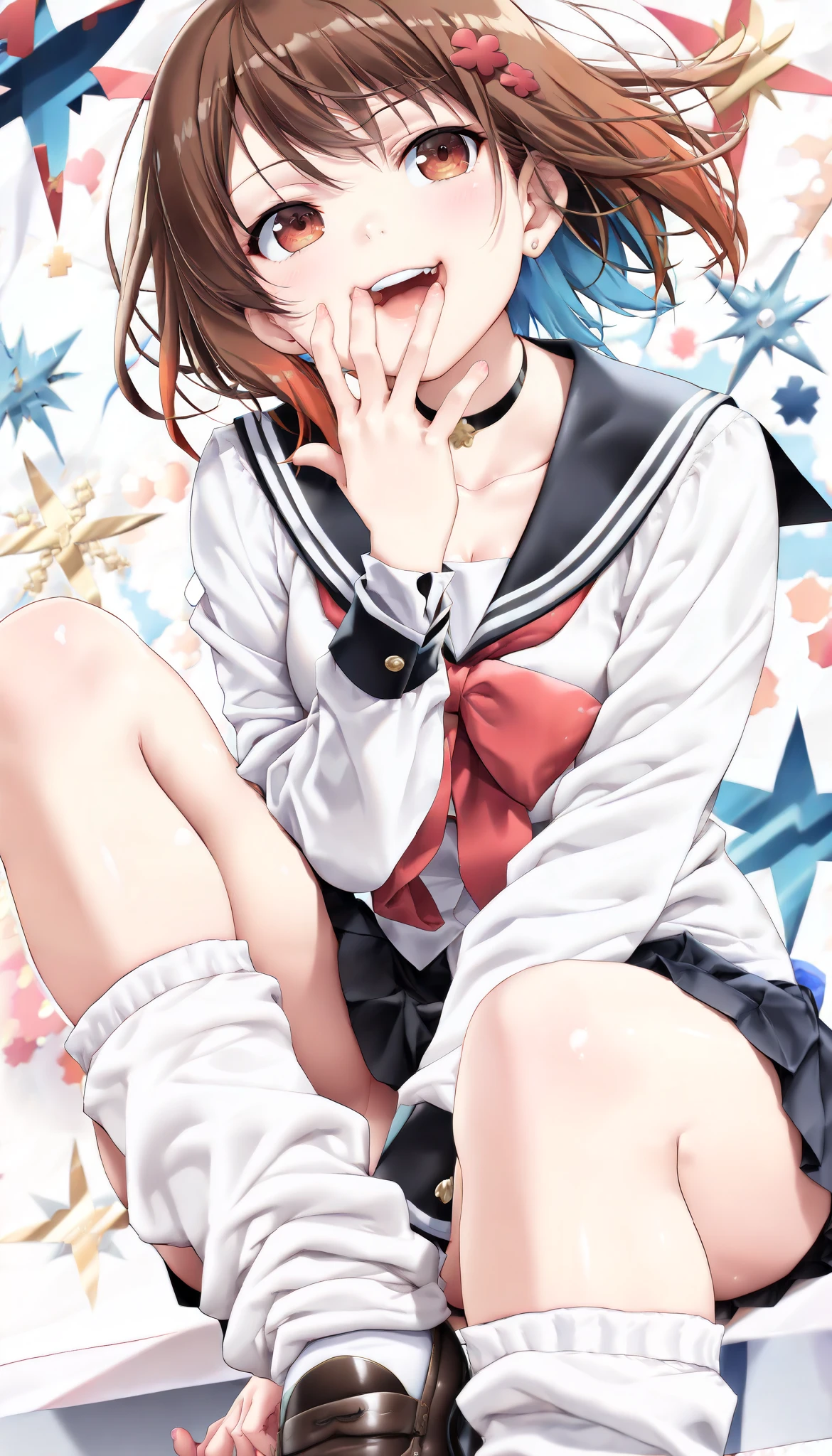 (Best Quality:1.2, 4K, 8k, Animation Studio , very well detailed, Latest, vibrant, High detail, high contrast, masterpiece:1.2, Best Quality, best aesthetics), (((1 girl))), Sit and pose, JK, sailor suit, pleated skirt, loose socks, loafers, please open your mouth slightly.:1.2, smile, dynamic angle, looks up:1.3, friendly atmosphere with attention to details, beautiful hair, Shiny Hair, beautiful skin on hands, detailed face and eyes, glossy lips, Curvy Women, wear intricate and delicate decorations with striking contrasts,