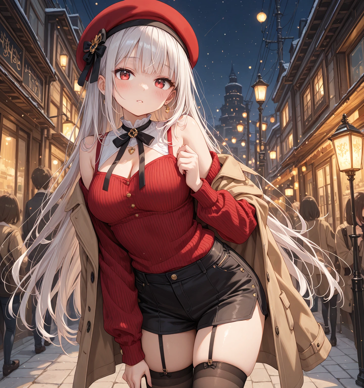 Vendors holler as visitors navigate through a maze of goods and people. BREAK
Hands on the waist looking cheerful,Dark theme,long hair,Noblewoman's gown with rich brocade fabric and bell sleeves,( stuck dress and showing panties:1.3),(embarrassed:1.2),