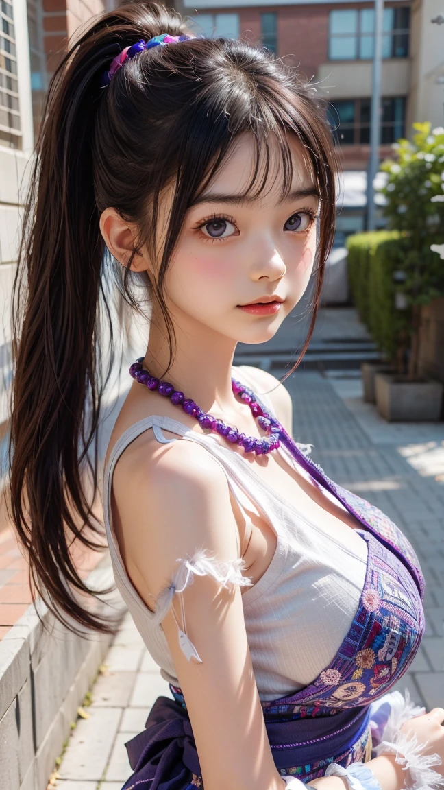 Girl in summer clothes,  As if I wanted to kiss you, (Girl crouching and looking at the camera), Small breasts, Chest skin is slightly visible, Random Background, Sexy expression, ((Very detailed)), (Perfectly detailed face), (Handcrafted with attention to detail) Photorealistic images.
