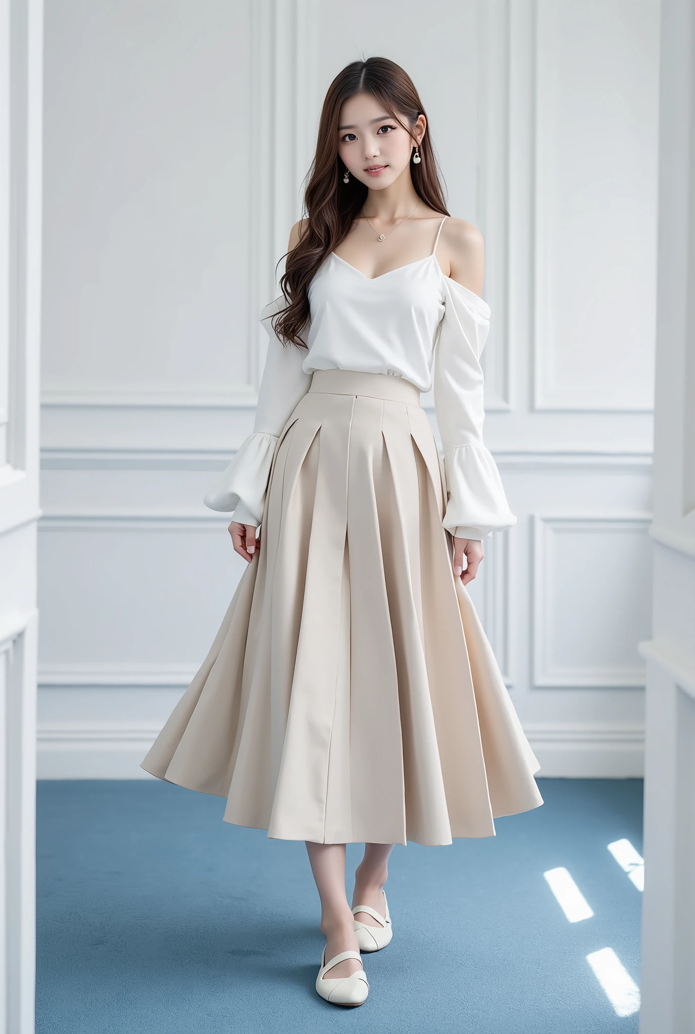 Styles worn by sweet women in spring and summer in casual scenes。Face hair design is full bang and sweet wave。The silhouette of the hairstyle is cute design with short curls。Hair color is rose gold for a sweet impression。Hair styling is ribbon accented with a ponytail。Tops are light colors with camisoles。The bottoms are made of light material with a pleated skirt。Shoes are sandals and cute design。Made from cotton and linen。Accessories are flower brooches and cute bangles。