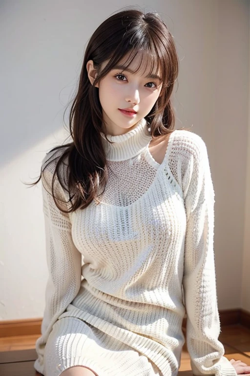 ( masterpiece, precise, Anatomically_correct, Texture_skin, excellent_detail, the best_quality, 1080P, HD, 4K, 8K, 16K), (beautiful_detailed_Eyes, beautiful_detailed_Lips, extremely_detailed_Eyes_and_Face), Soft_light, Physically based_Rendering, vivid_color, (Large target_breast:1.5), (short hair_thin braids_Bun hairstyle), (shining_hair, shining_skin, Face红), (Bangs:1.5), Eye_reflection, (Bokeh), 微lol_and_lol, (sleeveless_sweater_knitting:1.5) ,stockings,(sit on the chair,Spread your legs:1.3),See panties, look at genitals。