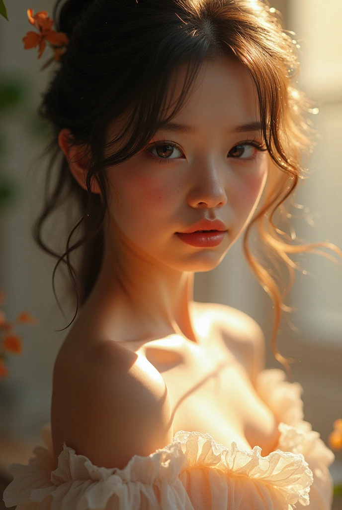 raw photo, 1young girl, kawaii, brown eyes, unique, individual, distinctive face, extremely detailed eye and face, fair skin, lace cute bra, beautiful breasts, upper body, (Best Quality, highly detailed:1.2) High-definition raw color photos, professional photograpy, Realistic portrait, sunset shining through the window