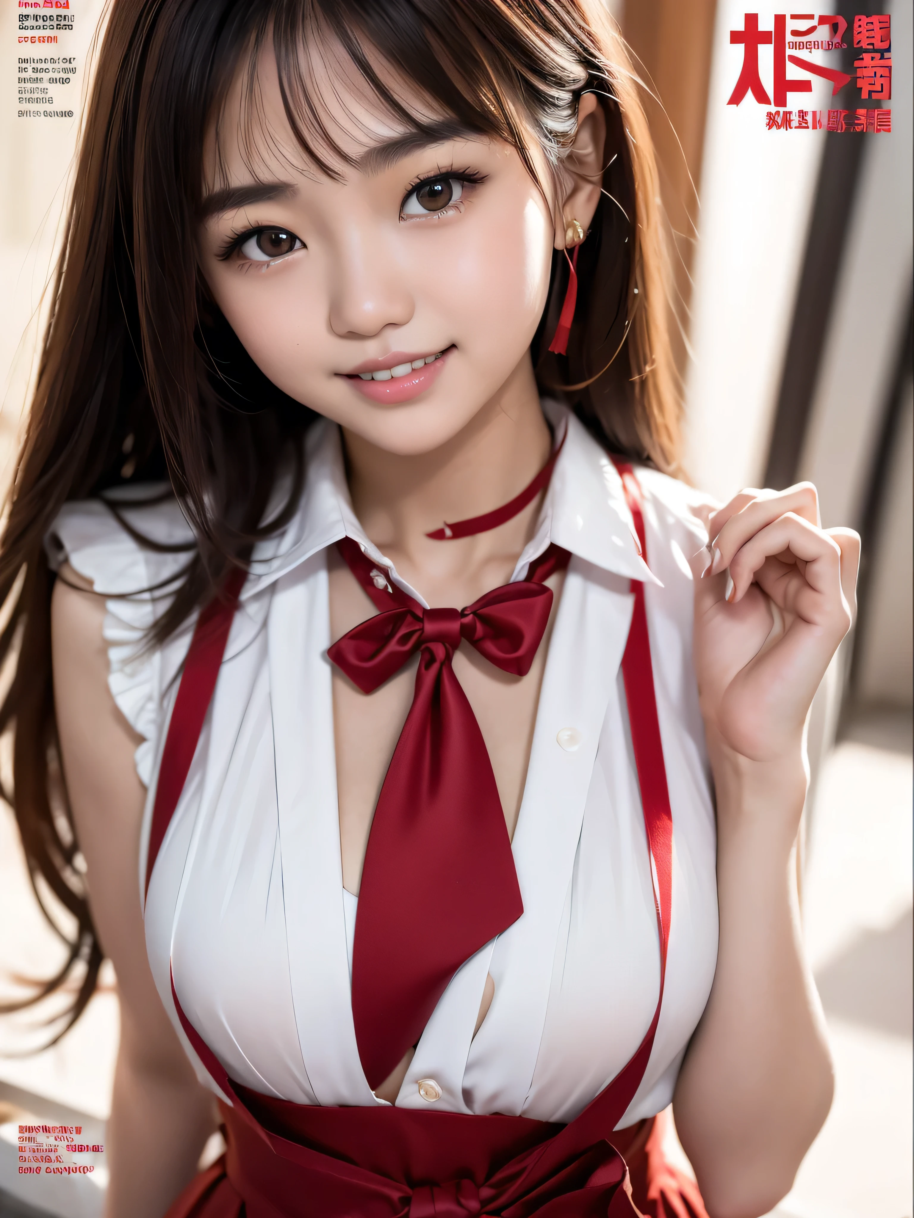 (8K, Raw photo, highest quality, masterpiece: 1.2), Super detailed, super resolution, (genuine, genuine photos: 1.37), portrait, High-definition RAW color photo, professional photos, 非常に詳細で美new, very detailed, 8k wallpaper, amazing details, huge file size, official art, very detailed CG Unity 8k wallpaper, very detailed beautiful girls, very detailed facesHighly detailed eyes, Very fine skin, very detailed fingers, very small nose, very detailed detailed mouth, perfect anatomy, detailed background, fine clothes,20th generation, cute girl, genuineistic body, white skin, glowing skin, (dull bangs: 1.2), smile, cute, like々new, cute face, genuineistic face, delicate eyes, sagging eyes, fashionable clothes、(Oversized shirt with red ribbon pattern on white background 3.1)、(Red and black image 3 on white base.1.1)、(Black Shorts 1.2).(wearing suspenders1.2)、(悲new表情), ((sexy and dynamic pose)), necklace, earrings, looking at camera, Contrapos, dynamic lighting, G cup breasts,big breasts、whole body、(Disneyland castle background 1.2)、(ribbon theme 1.2).(wearing a red ribbon1.2).(Stylish private clothes 1.2)
