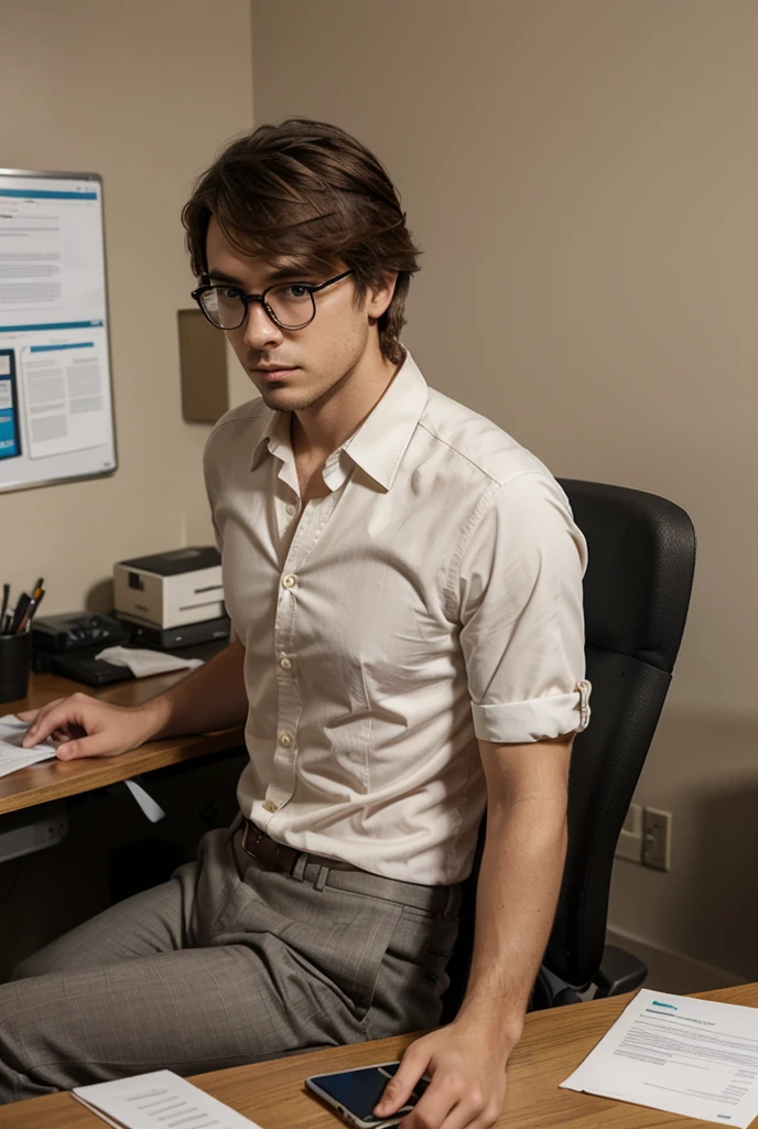 masterpiece, ultra-high quality computer graphics, Best quality, perfect image, one man, blond, spectacled, sitting at an office desk, he's tired