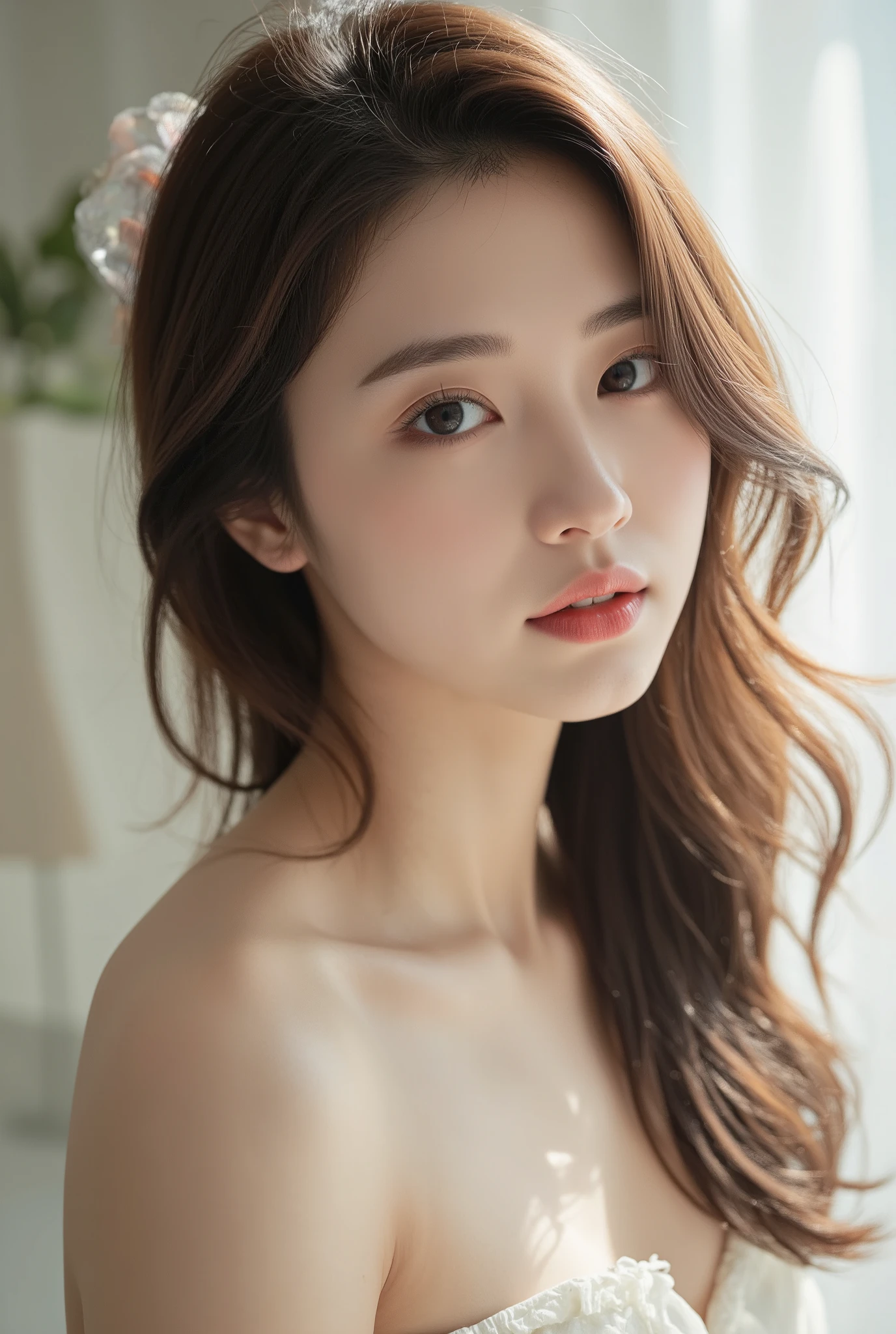 ((realistic:1.5)),((best quality)), ((Masterpiece)),((details)), (1 girl), 22-year-old beautiful girl, facial mix of korean actress Kim Ji-won, and phoebe cates, (half body:1.5), Tightening muscles, big thighs, Narrow hips, green eyes, large breasts, (details face, beautiful brown eyes, clear background:1.5), (dynamic gesture), (Normal skin, long hair, Sketched eyes, specified face, bracelet, half body), Wear elegant white night dress, (revealing the chest, revealing large breasts, deep cleavage. Show your sexy face)