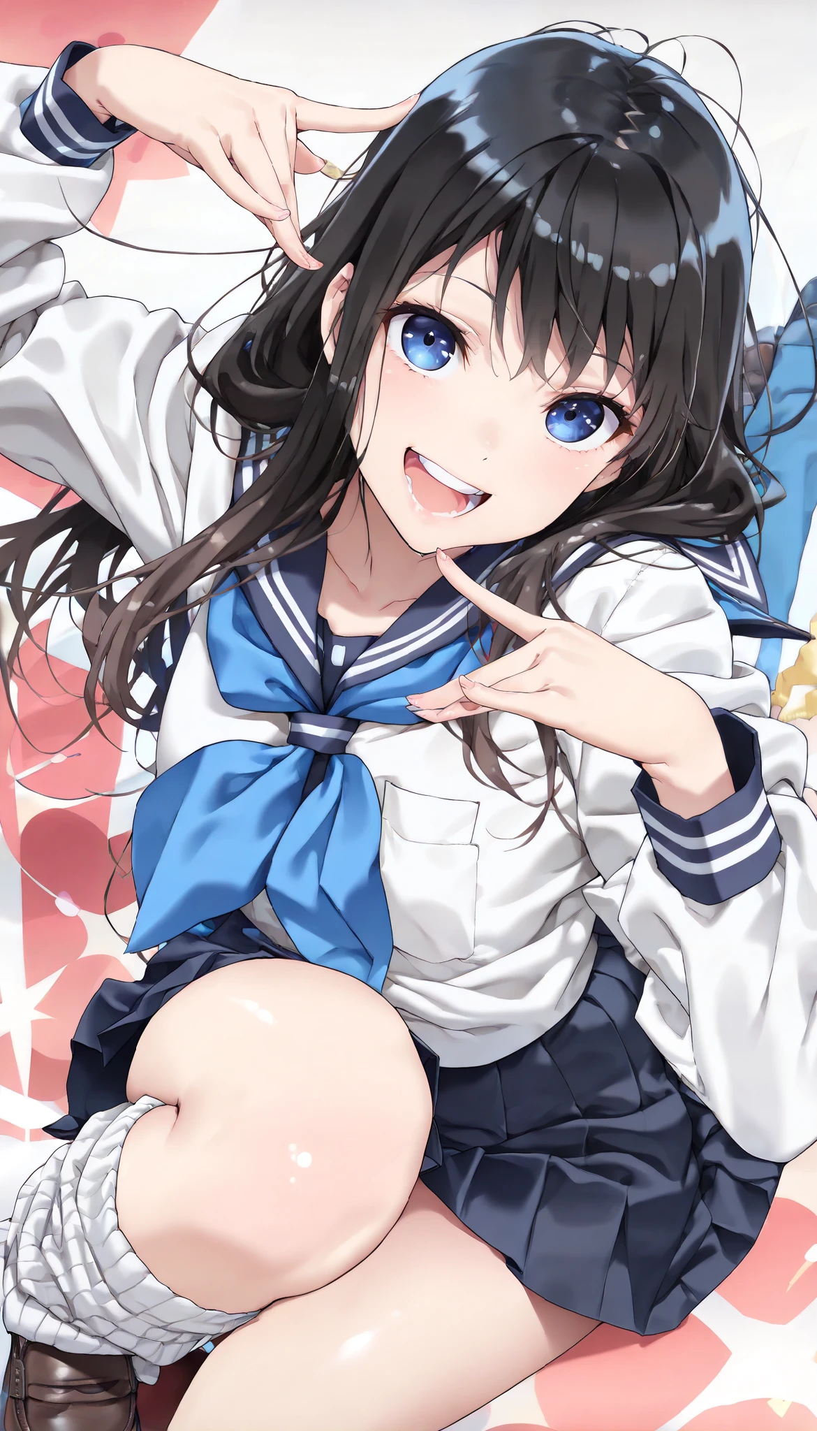 (Best Quality:1.2, 4K, 8k,  Animation Studio , very well detailed, Latest, vibrant, High detail, high contrast, masterpiece:1.2, Best Quality, best aesthetics), (((1 girl))), Sit and pose, ＪＫ, sailor suit, pleated skirt, loose socks, loafers, please open your mouth slightly.:1.2, smile, dynamic angle,  looks up:1.3, friendly atmosphere with attention to details, beautiful hair, Shiny Hair, beautiful skin on hands, detailed face and eyes, glossy lips,  Curvy Women, wear intricate and delicate decorations with striking contrasts,
