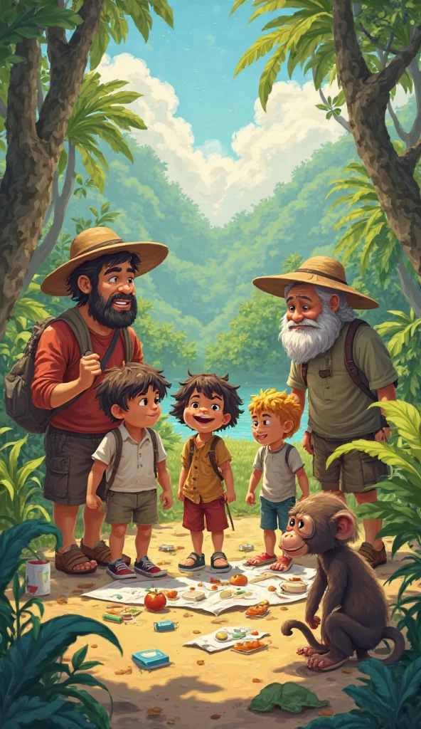 create an illustration of a prehistoric scenario, where people lived in caves, wore clothes made from animal skins and hunted to get food, this image must be cute pixar style for a children's story book, with people walking through a forest for thousands of years. they hear the wind blowing gently through the trees, birdsong and the sound of water running through a stream