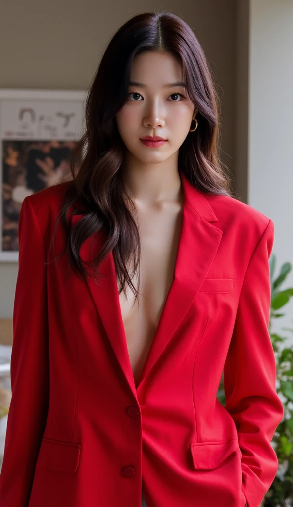 1girl,solo,jewelry,earrings,black hair,formal,suit,red lips,lipstick,pants,red shirt,jacket,long hair,slim body with big breast, (big size breast: 1.6),makeup,shadow,looking at viewer,hands in pockets,belt,shirt,