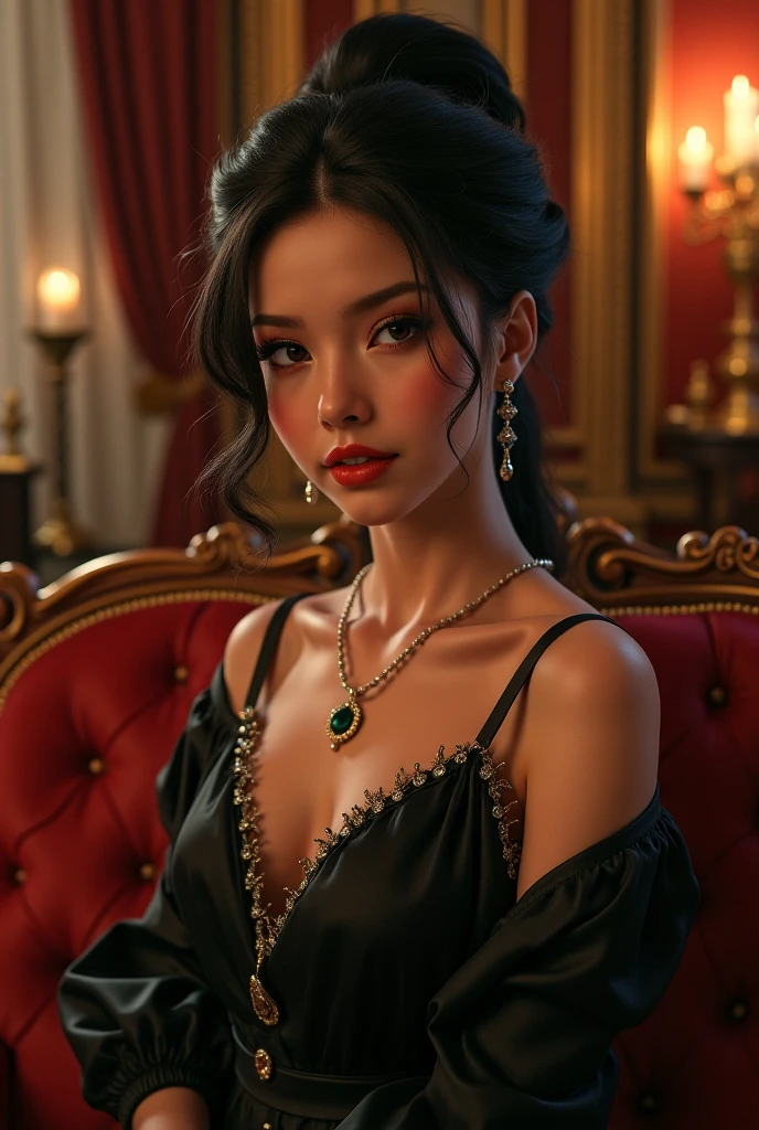 A cute sad vampire girl (Vietnamese, age 25, waif, waist length hair, violet eyes), sheer outfit, sultry pose, she just wants to drink viewers blood, why so shy?