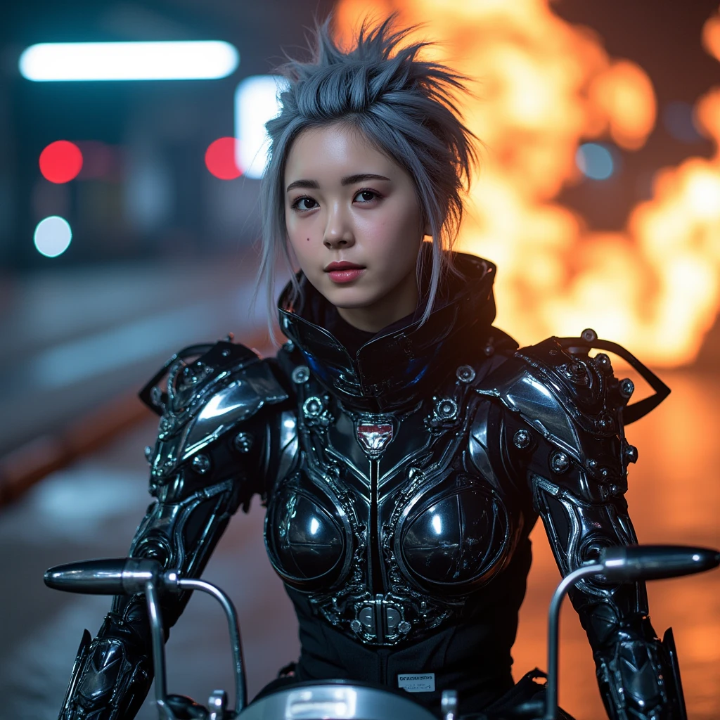 ((Best quality, 8K, Masterpiece:1.3, 1 girl, Beautiful girl)), Cute, Dynamism, Detailed face, Detailed skin, Detailed eyes, Detailed lips, Detailed fingers, Detailed mouth, Photorealistic, Raw photo, Natural lighting, dynamic pose, perfect anatomy, short stature, toned legs, round buttocks, round eyes, double eyelid, moist lips, ((kaiju8)), (bodysuit, armor, cybernetic spine), in detailed market stall, looking at viewer, galaxy colored hair, multi colored hair, kaiju, battle mode